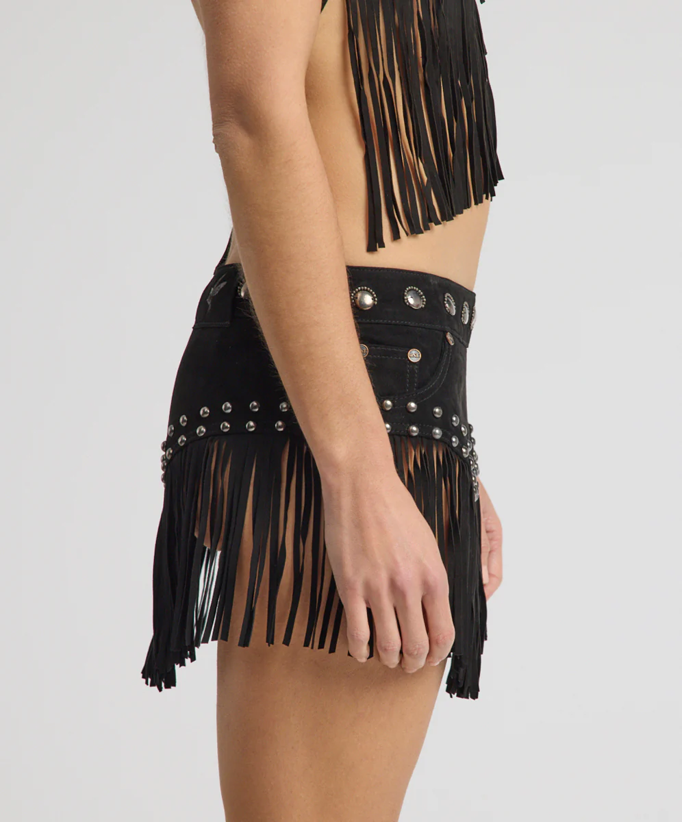 Rebel Rider Studded Fringe Suede Micro Skirt - Black - Image 6