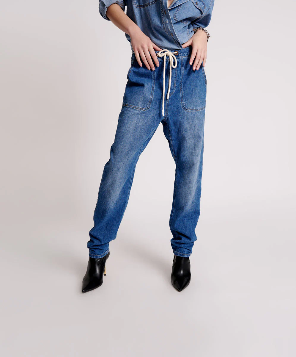 Shabbies High Waist Drawstring Boyfriend Denim Jeans - Resort Blue - Image 2