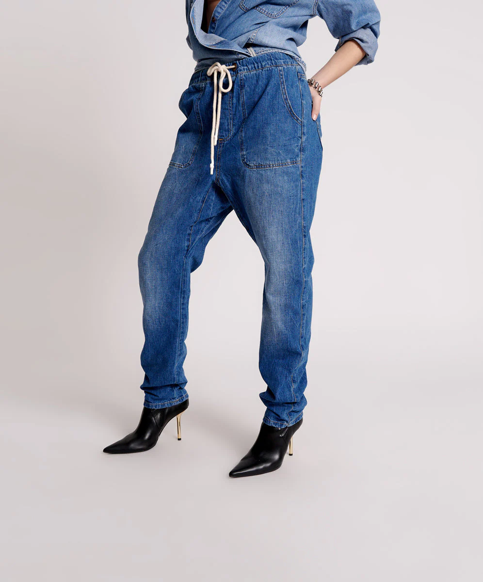 Shabbies High Waist Drawstring Boyfriend Denim Jeans - Resort Blue - Image 3