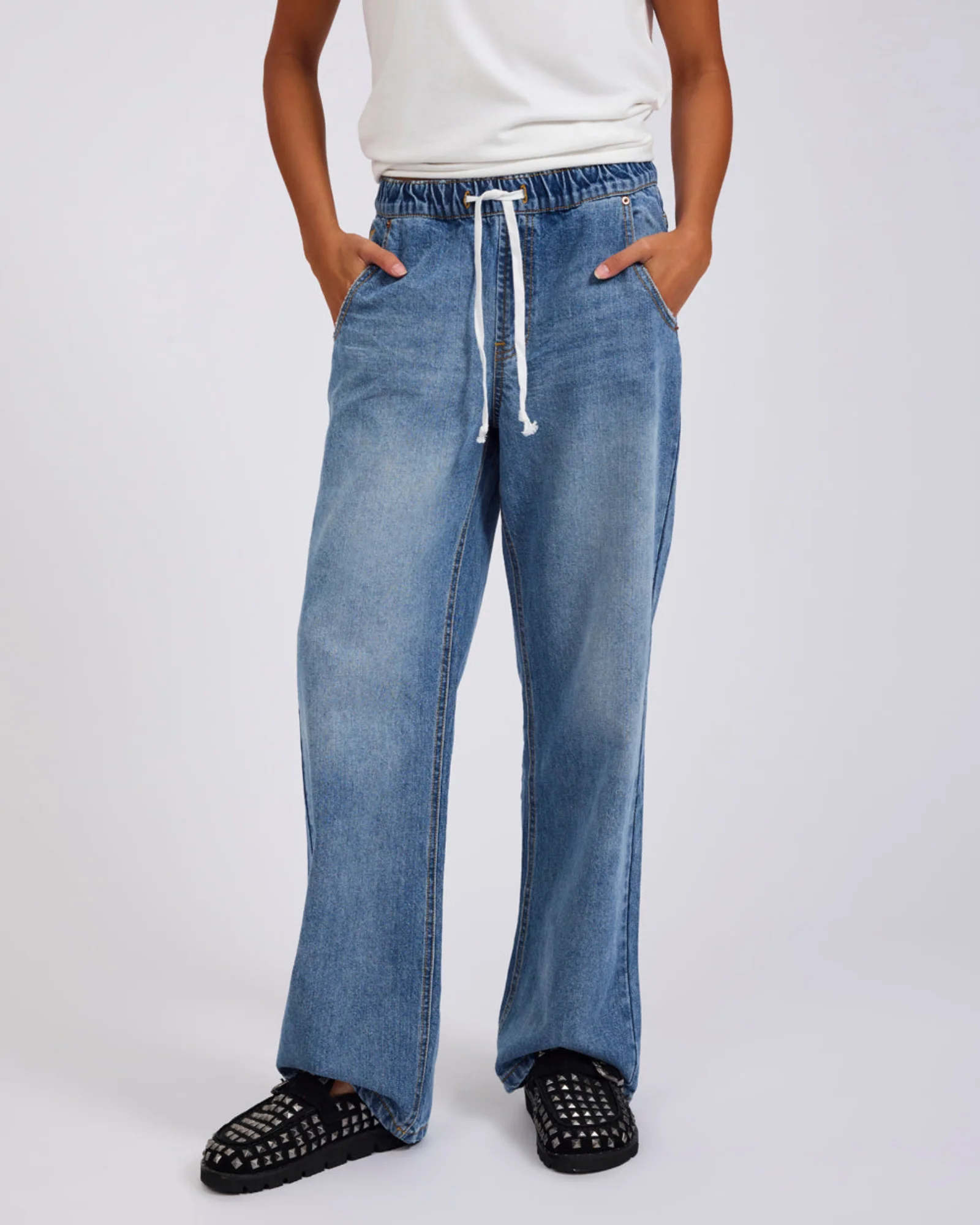 Roadhouse Mid Waist Wide Leg Drawstring Denim Jean - Hoodlum Blue - Image 3