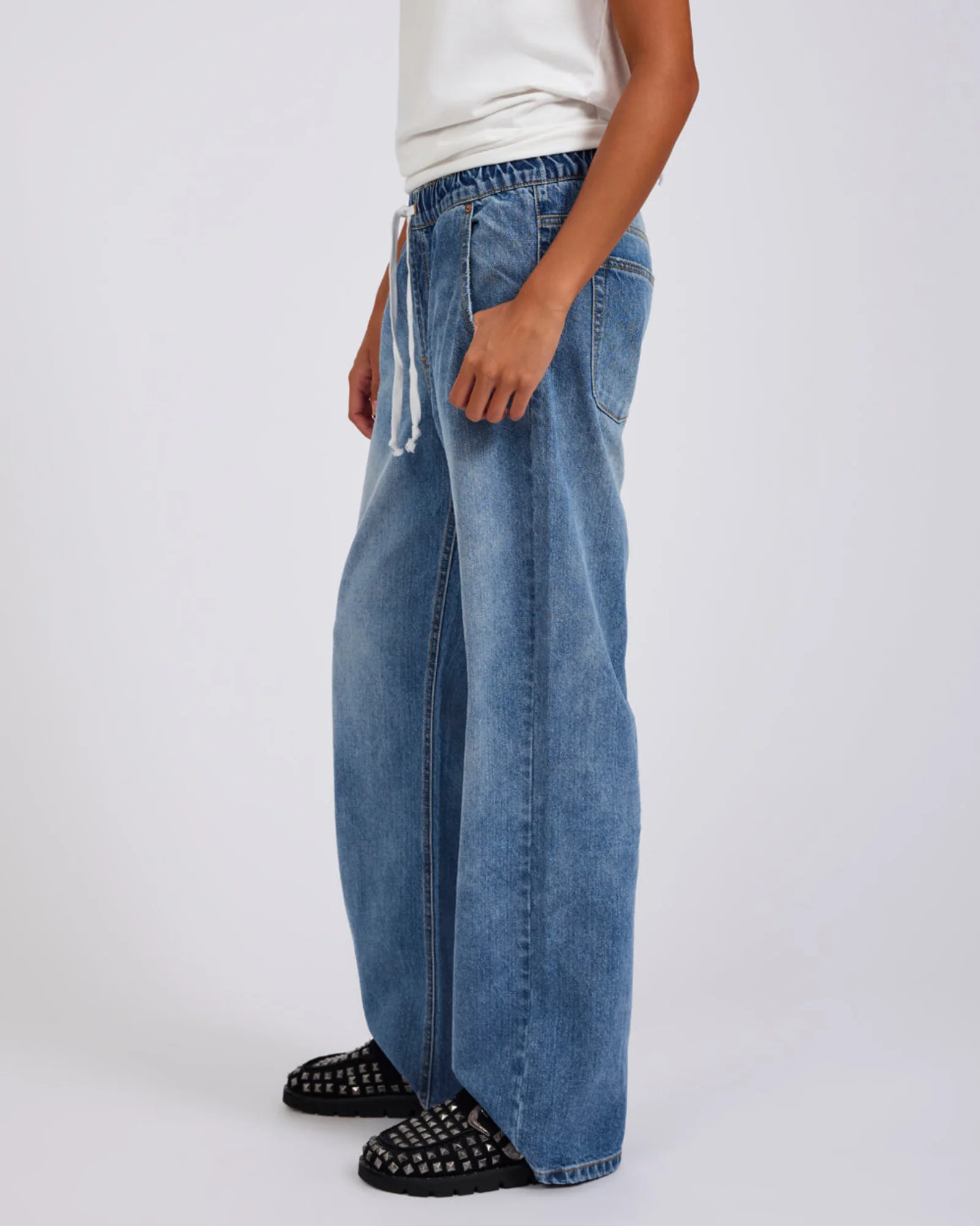 Roadhouse Mid Waist Wide Leg Drawstring Denim Jean - Hoodlum Blue - Image 4