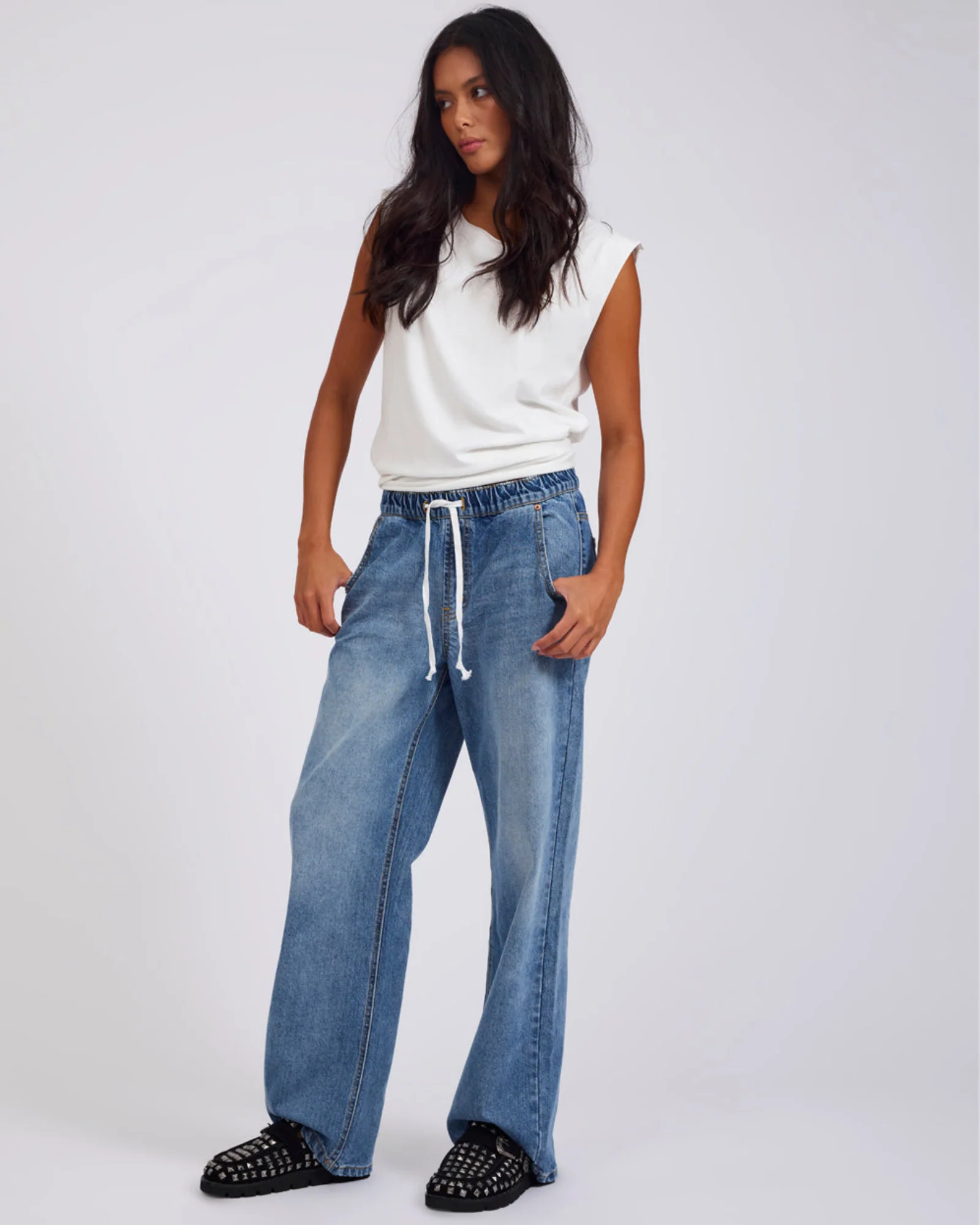 Roadhouse Mid Waist Wide Leg Drawstring Denim Jean - Hoodlum Blue - Image 9