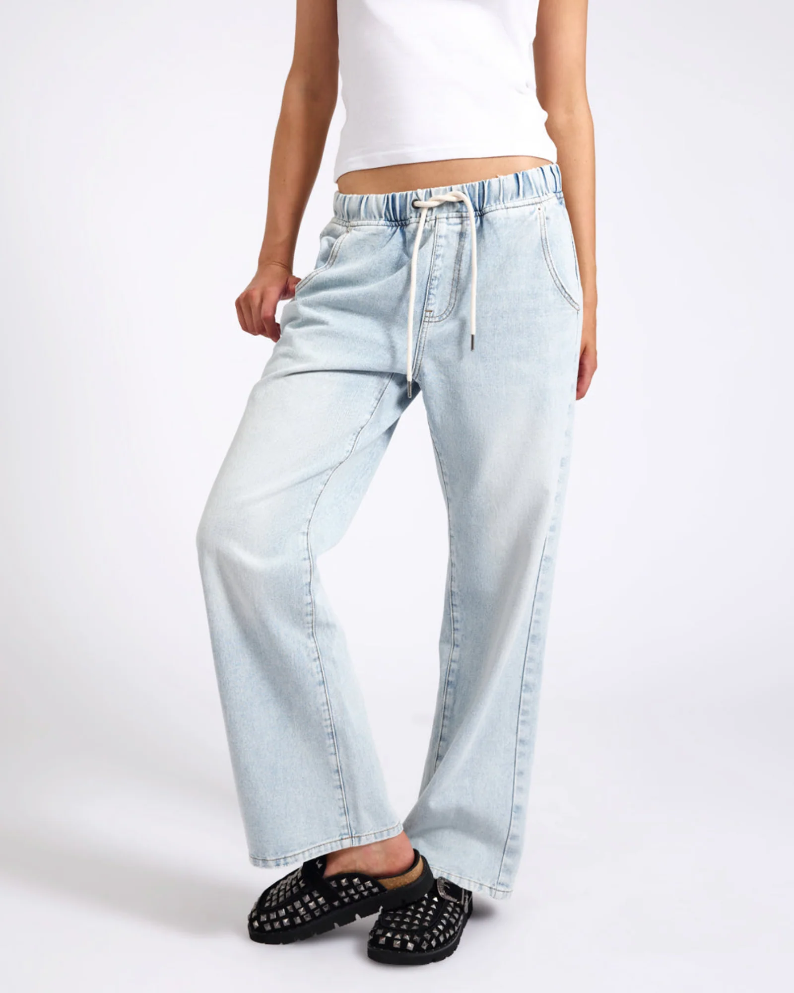 Roadhouse Mid Waist Wide Leg Drawstring Denim Jean - Blue Latte - Image 4
