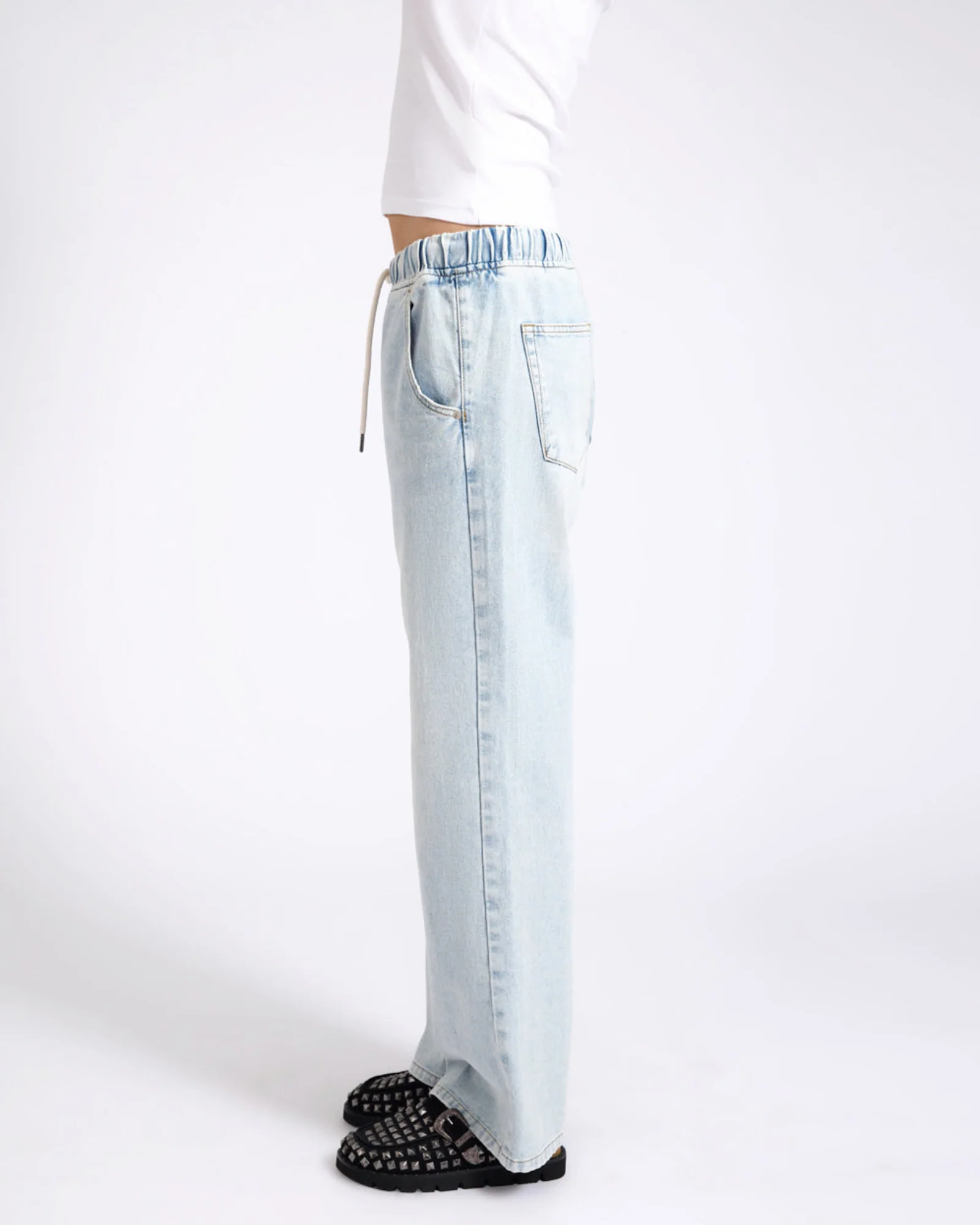 Roadhouse Mid Waist Wide Leg Drawstring Denim Jean - Blue Latte - Image 5