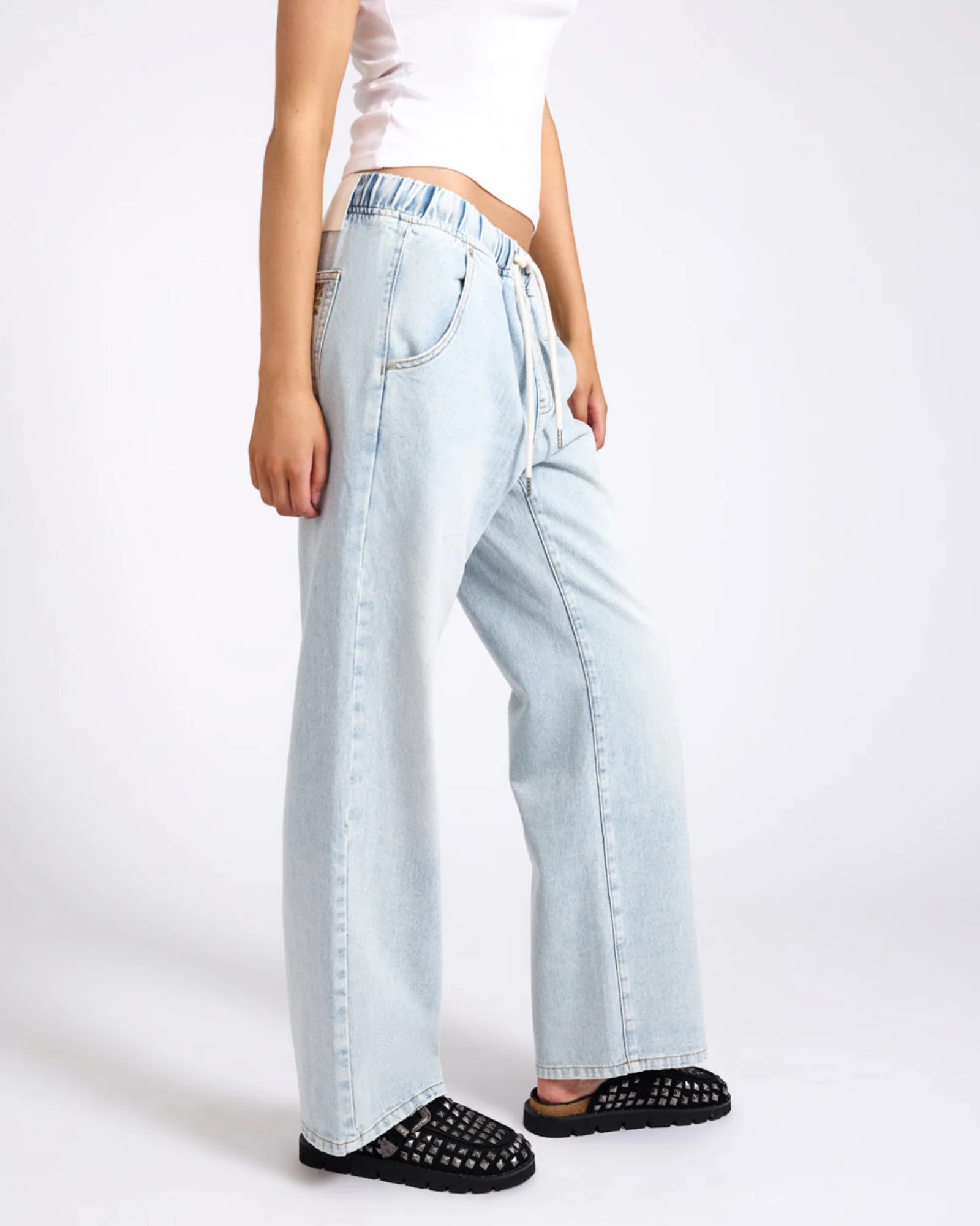 Roadhouse Mid Waist Wide Leg Drawstring Denim Jean - Blue Latte - Image 7