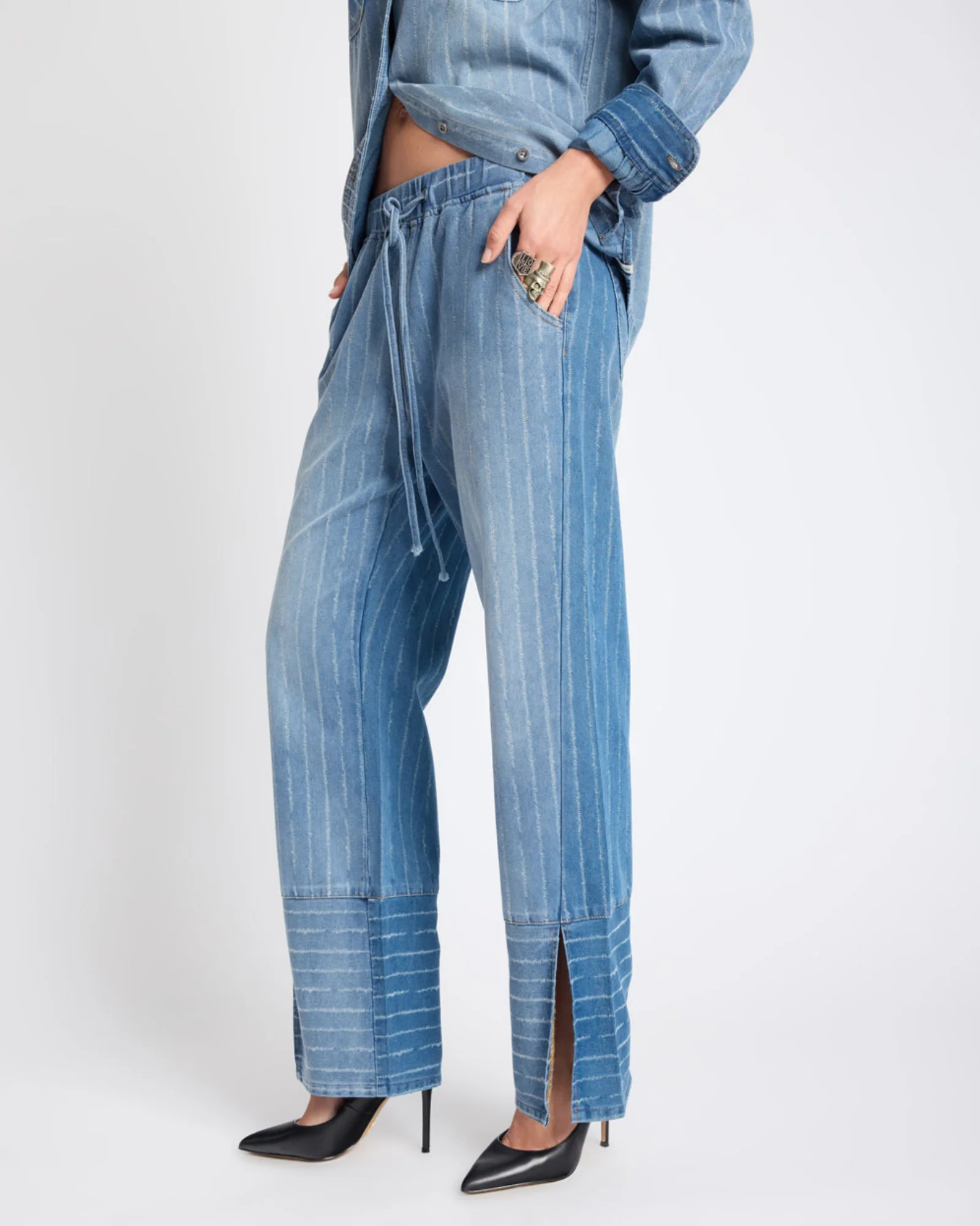 Roadhouse Mid Waist Wide Leg Drawstring Denim Jeans - Blue Stripe - Image 3