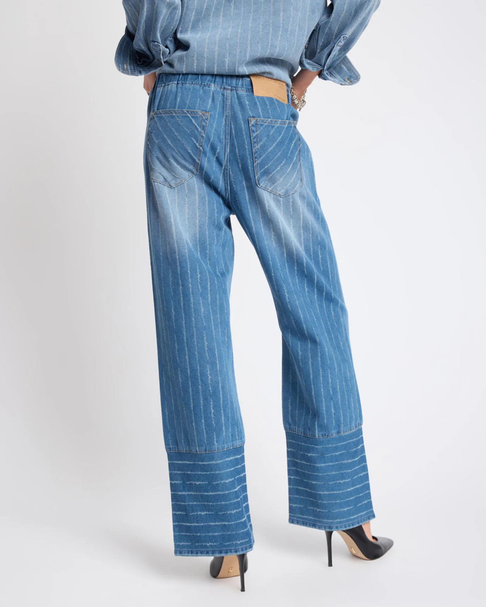 Roadhouse Mid Waist Wide Leg Drawstring Denim Jeans - Blue Stripe - Image 4