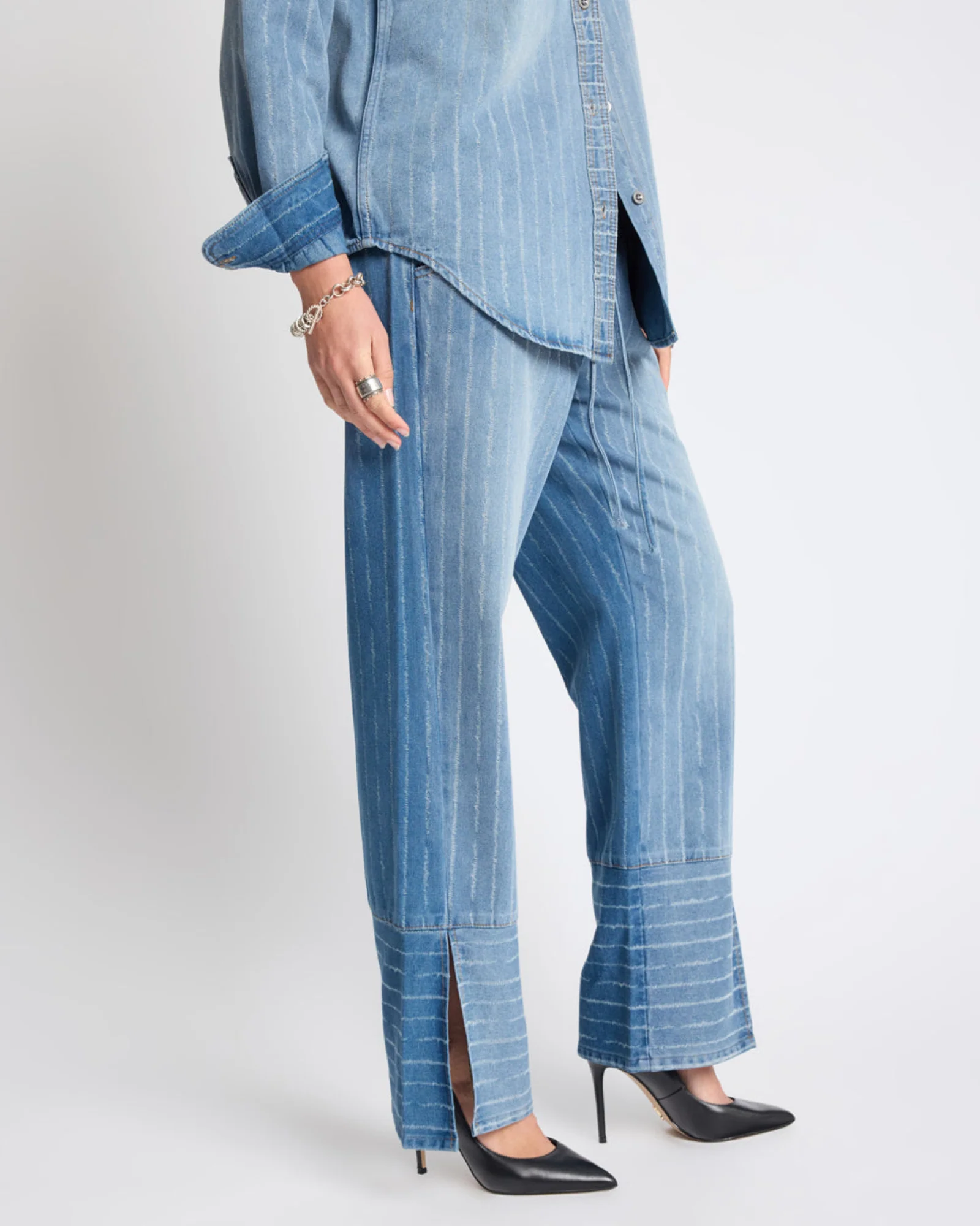 Roadhouse Mid Waist Wide Leg Drawstring Denim Jeans - Blue Stripe - Image 5
