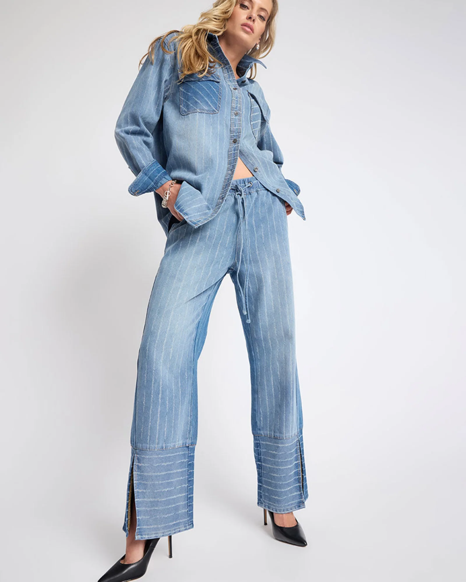 Roadhouse Mid Waist Wide Leg Drawstring Denim Jeans - Blue Stripe - Image 6