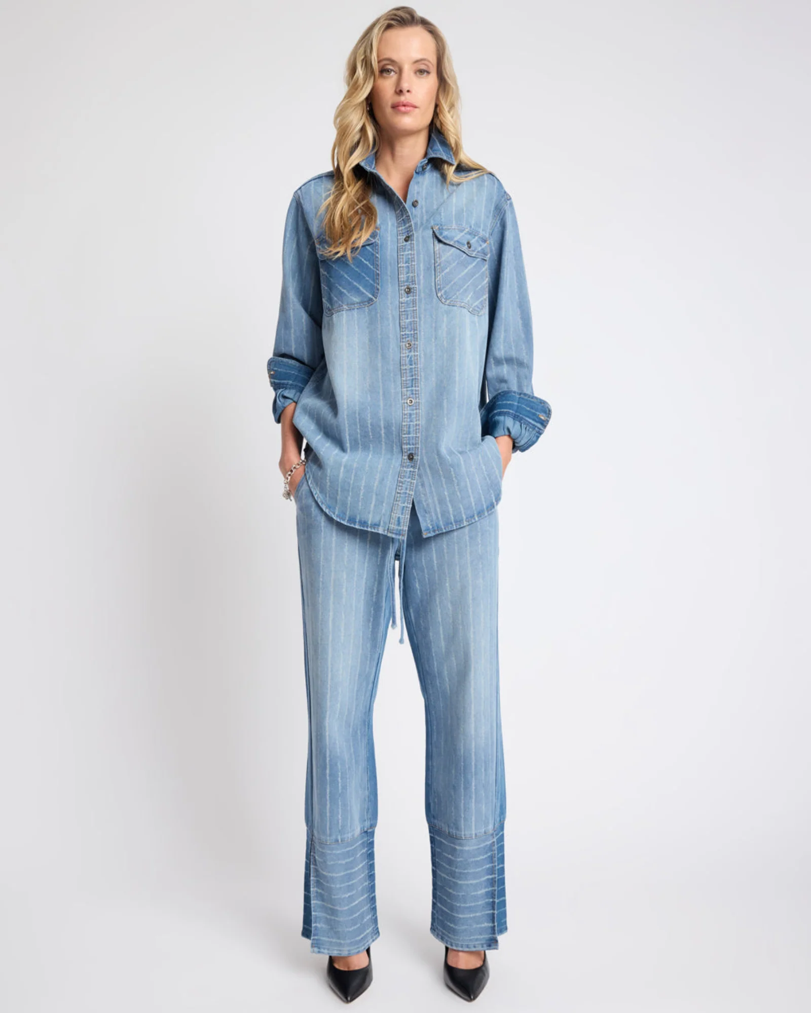 Roadhouse Mid Waist Wide Leg Drawstring Denim Jeans - Blue Stripe - Image 7