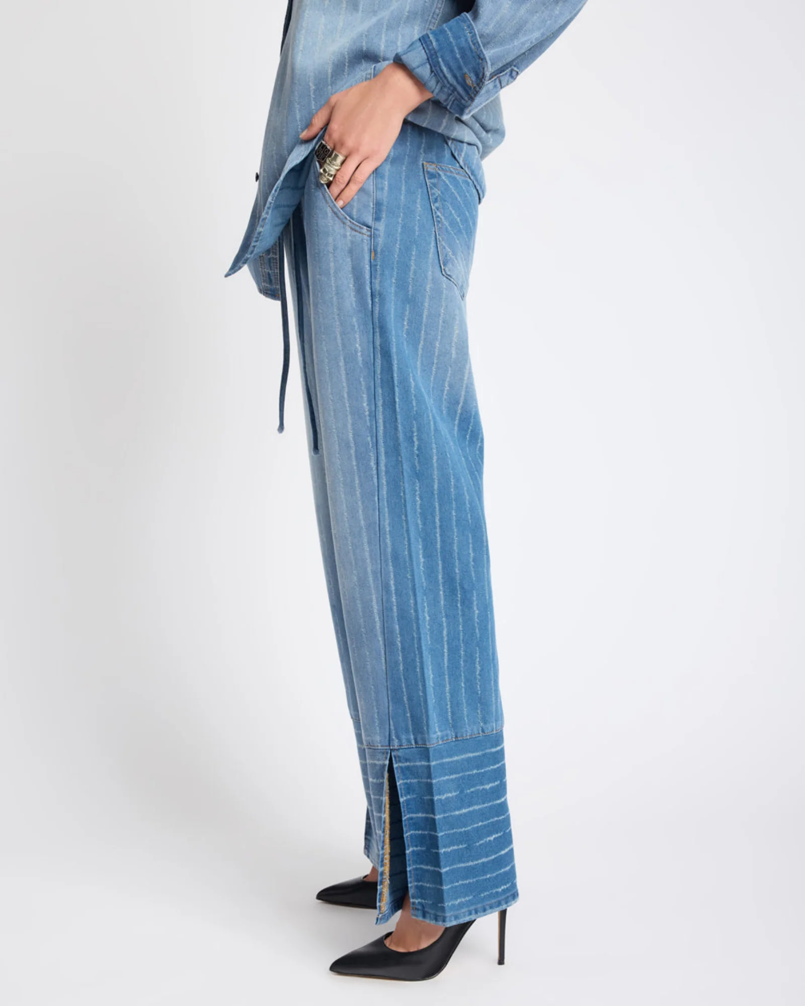 Roadhouse Mid Waist Wide Leg Drawstring Denim Jeans - Blue Stripe - Image 8