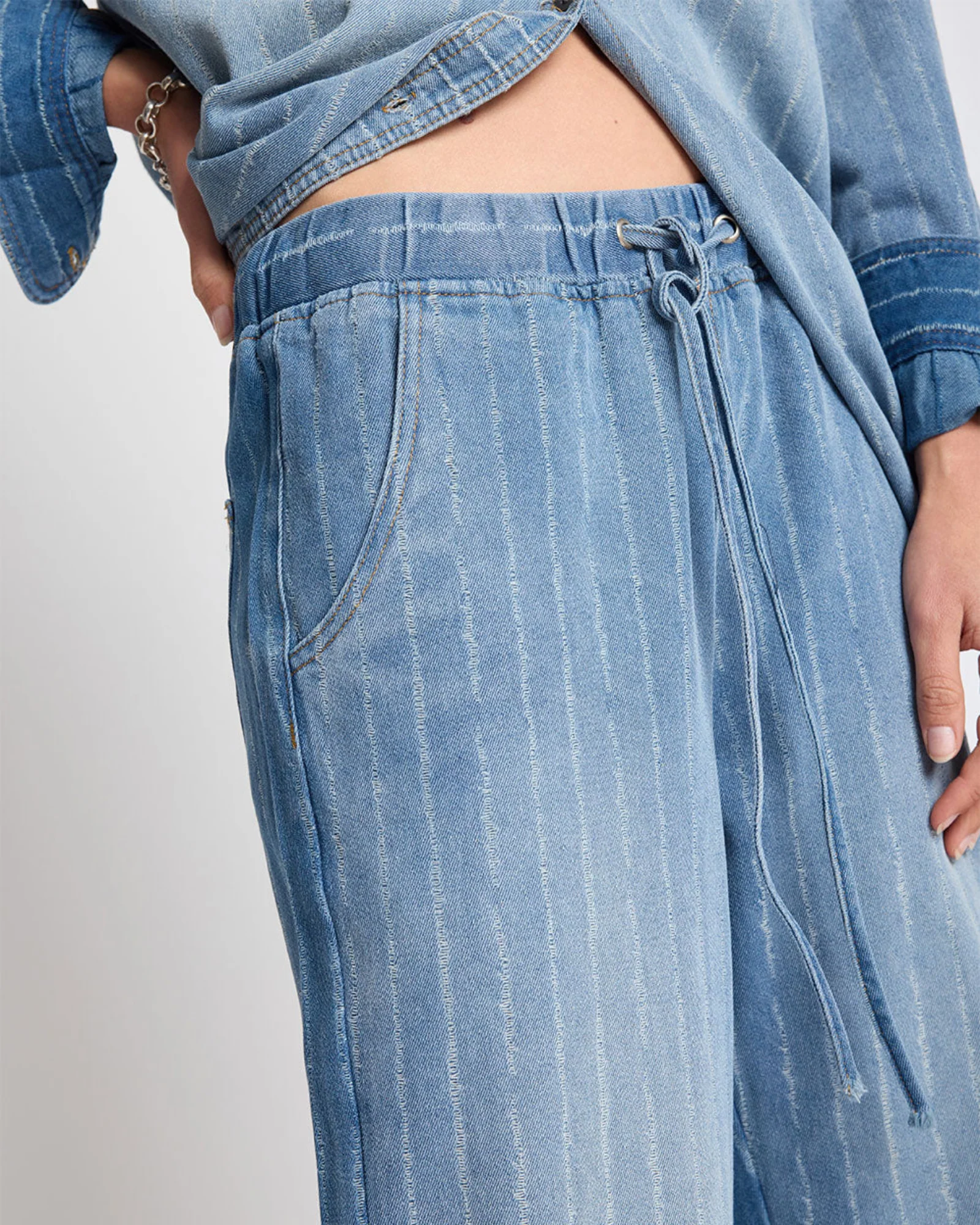 Roadhouse Mid Waist Wide Leg Drawstring Denim Jeans - Blue Stripe - Image 9