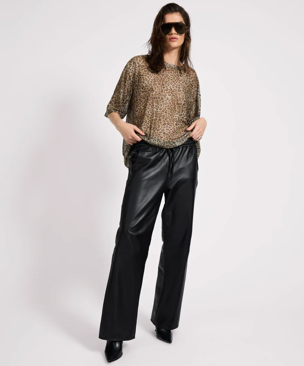 Roadhouse Mid Waist Wide Leg Drawstring Leather Pants - Black
