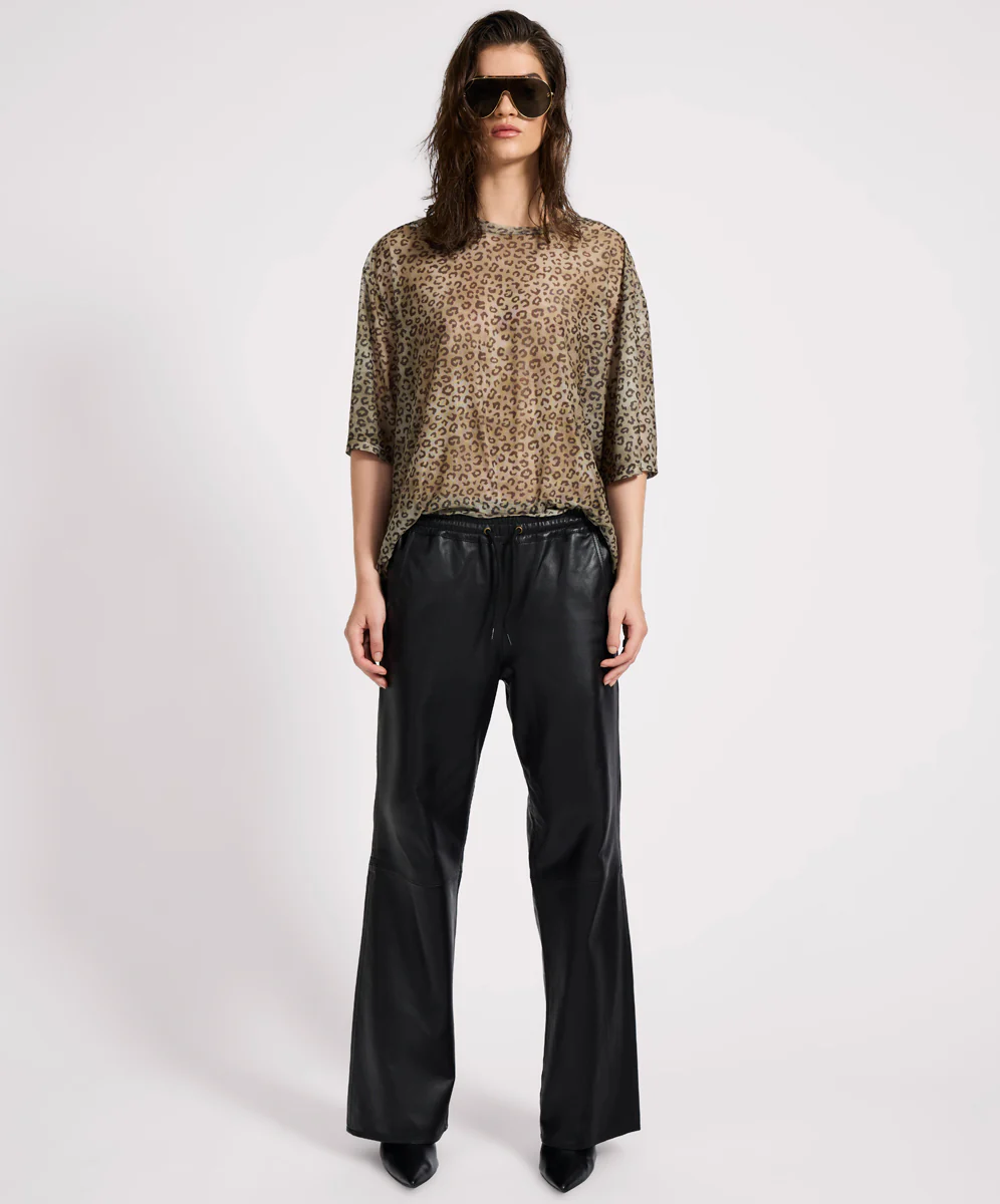 Roadhouse Mid Waist Wide Leg Drawstring Leather Pants - Black - Image 2