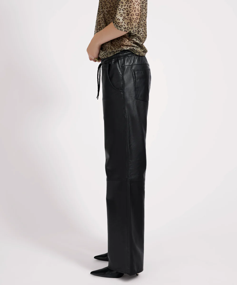 Roadhouse Mid Waist Wide Leg Drawstring Leather Pants - Black - Image 3