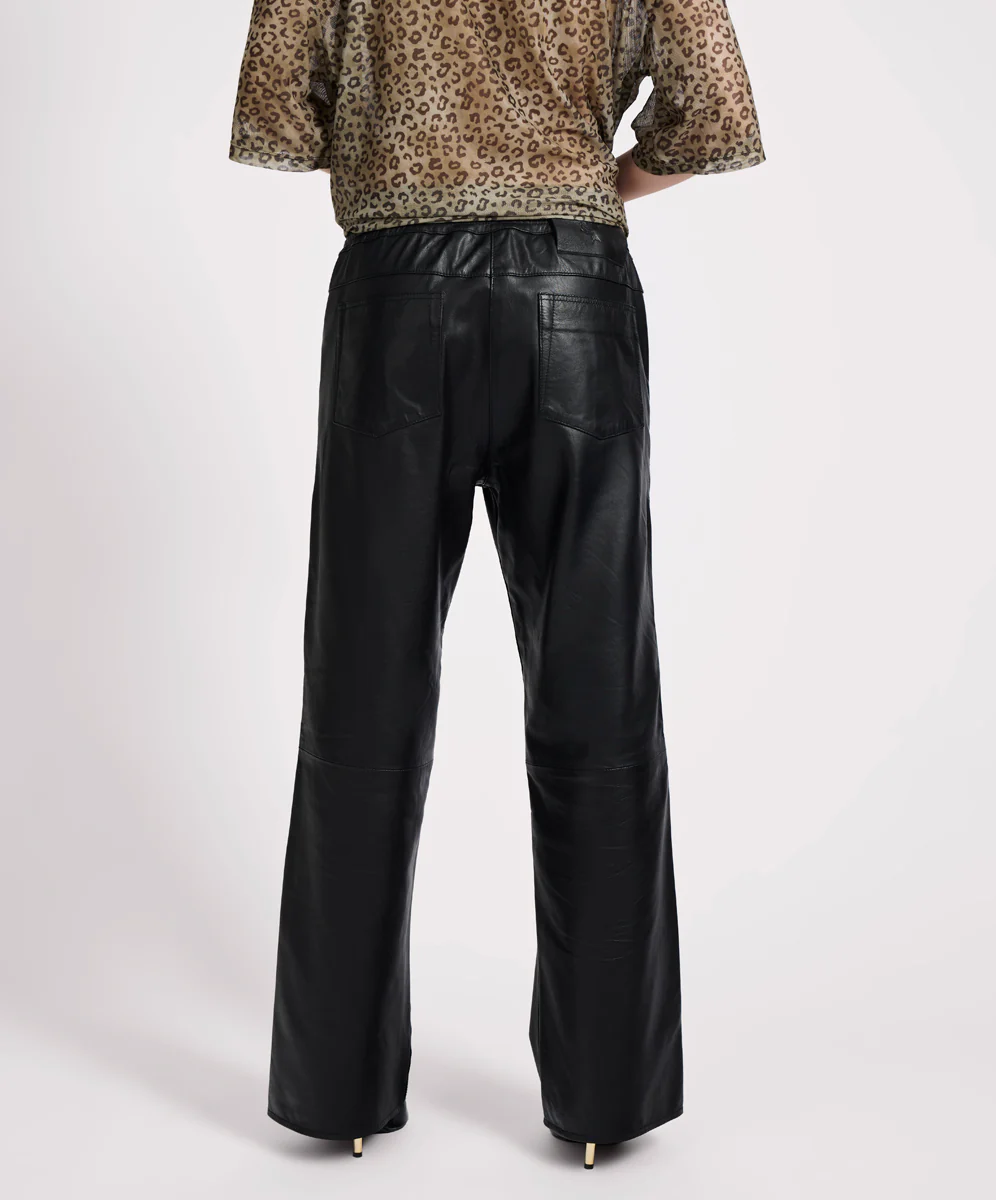 Roadhouse Mid Waist Wide Leg Drawstring Leather Pants - Black - Image 4