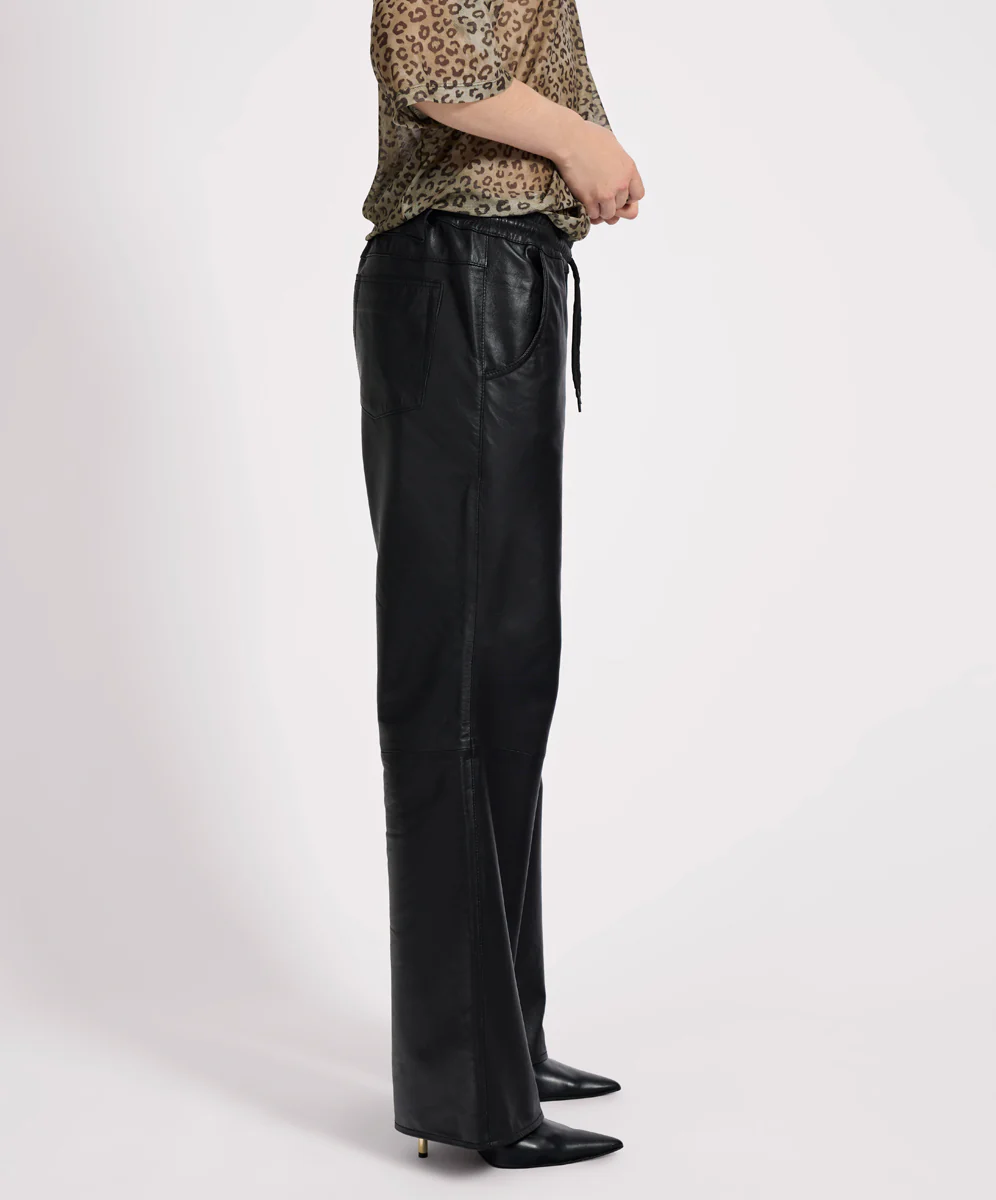Roadhouse Mid Waist Wide Leg Drawstring Leather Pants - Black - Image 5