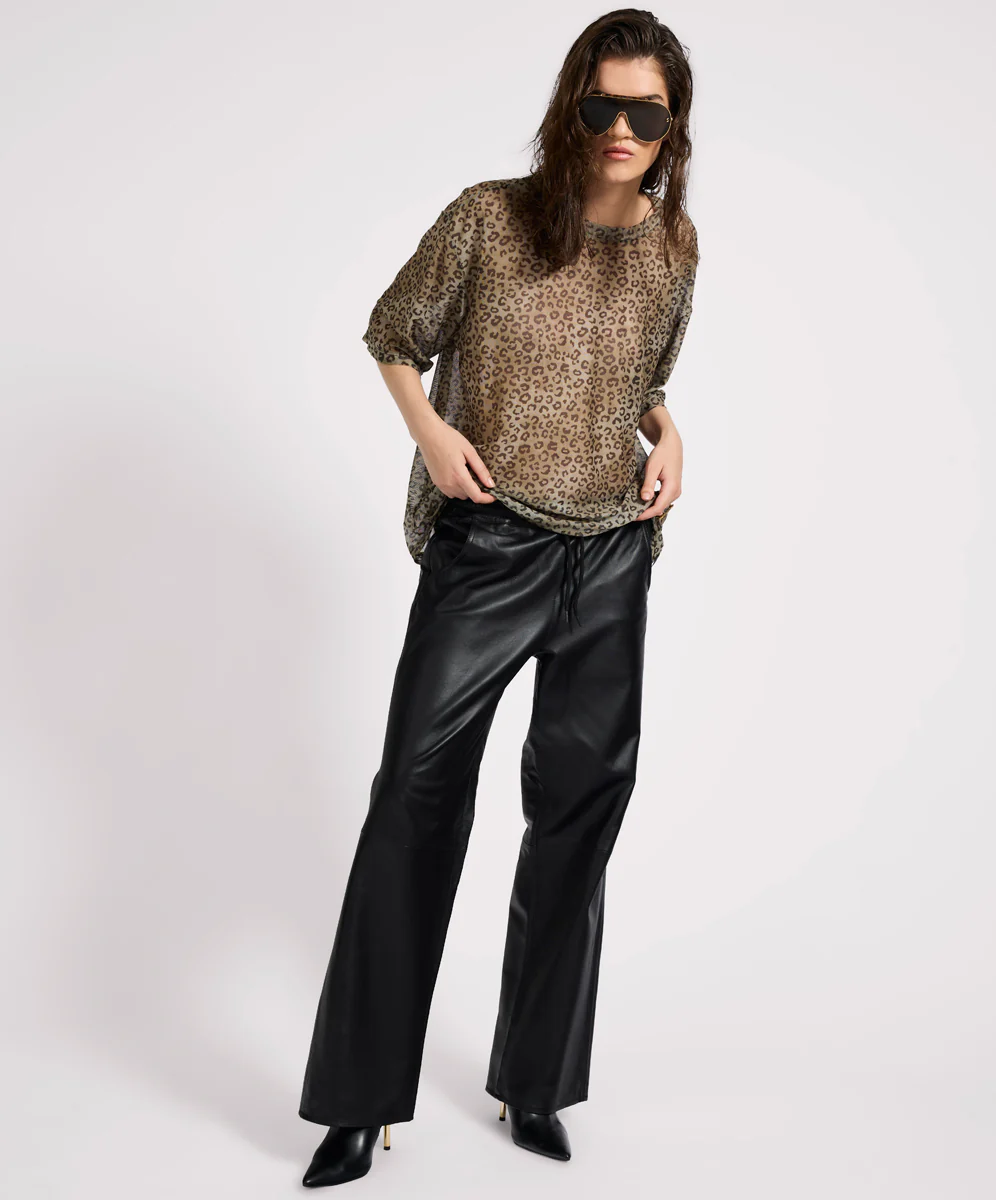 Roadhouse Mid Waist Wide Leg Drawstring Leather Pants - Black - Image 7