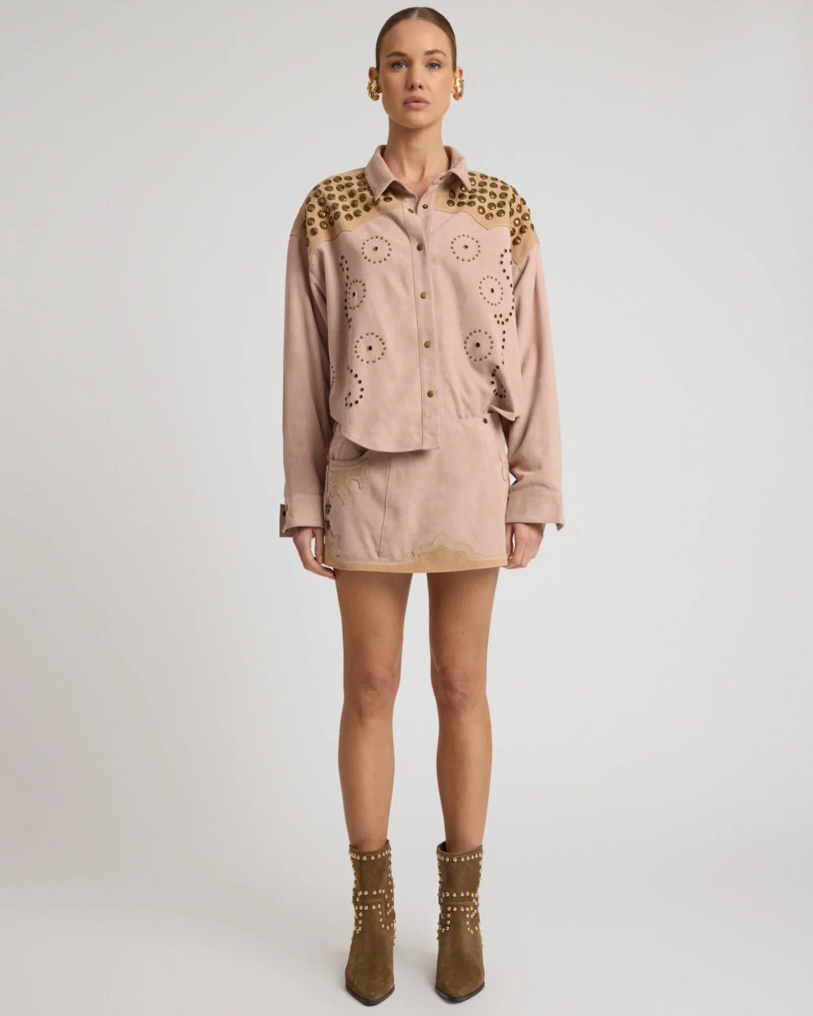 Rodeo Renegade Studded Applique Low Waist Mini Suede Skirt - Dusty Pink - Image 16