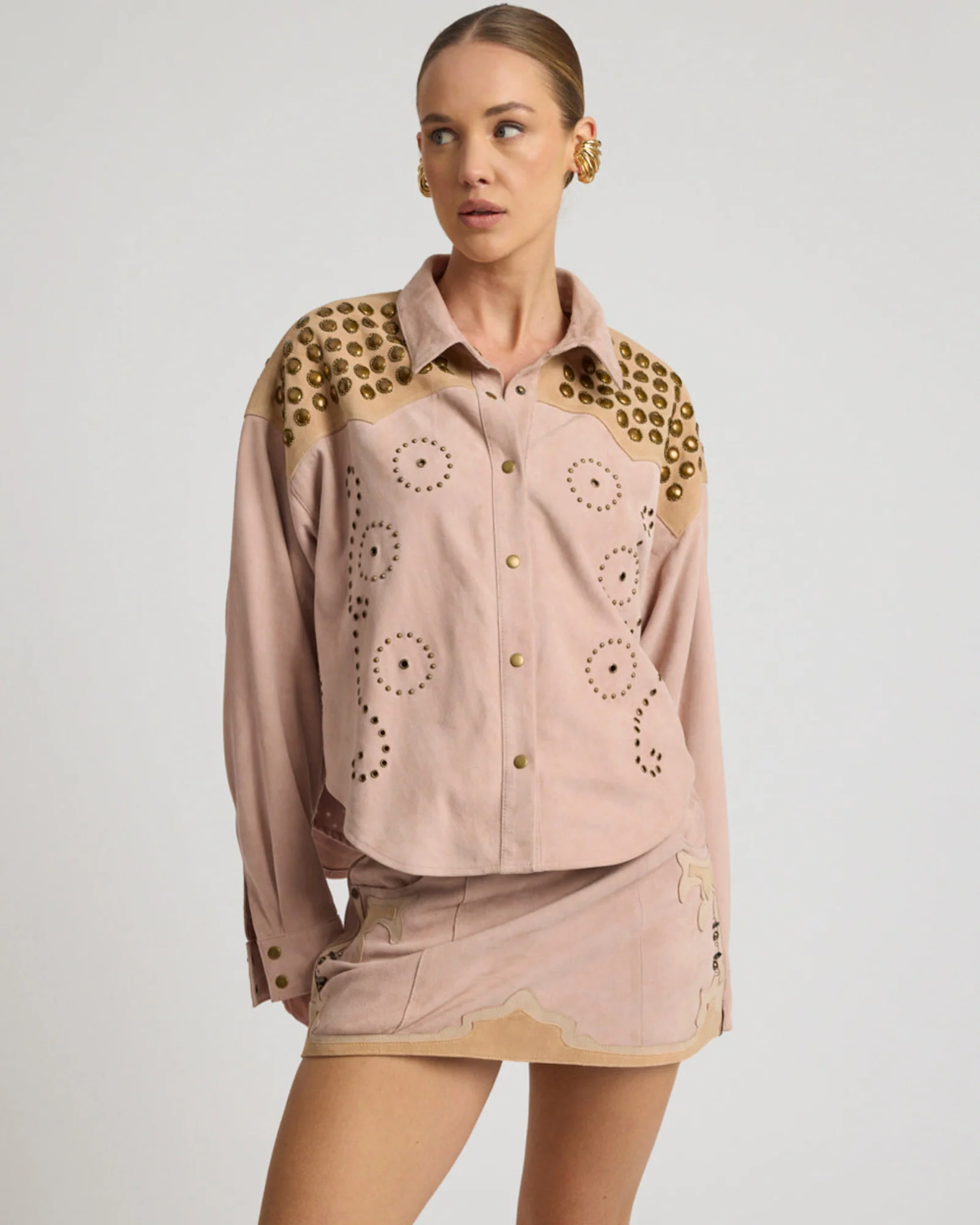 Rodeo Renegade Studded Applique Low Waist Mini Suede Skirt - Dusty Pink - Image 3