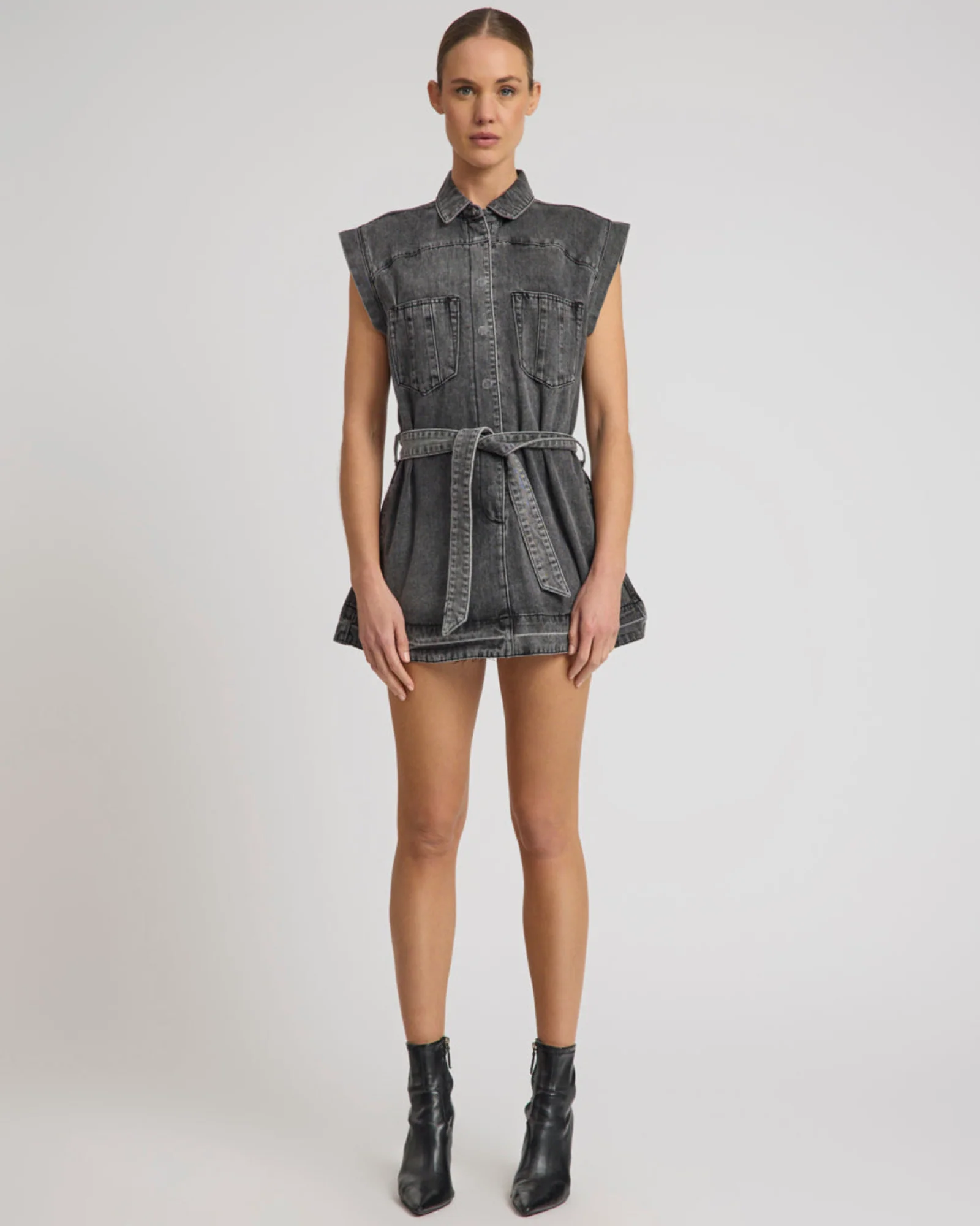 Rogue Aviator Mini Denim Dress - Washed Black - Image 11