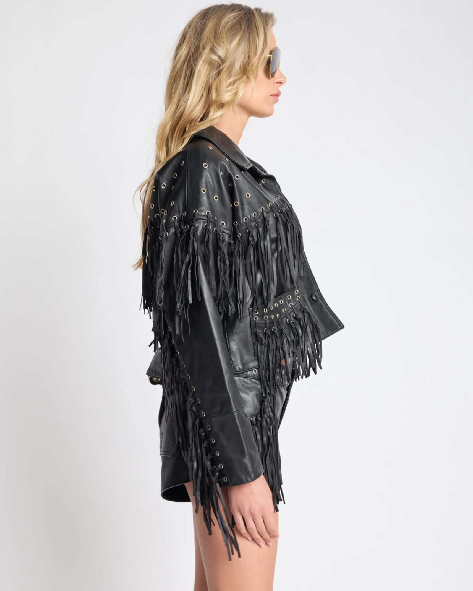 Rogue Rodeo Fringed Cropped Leather Jacket - Black - Image 6