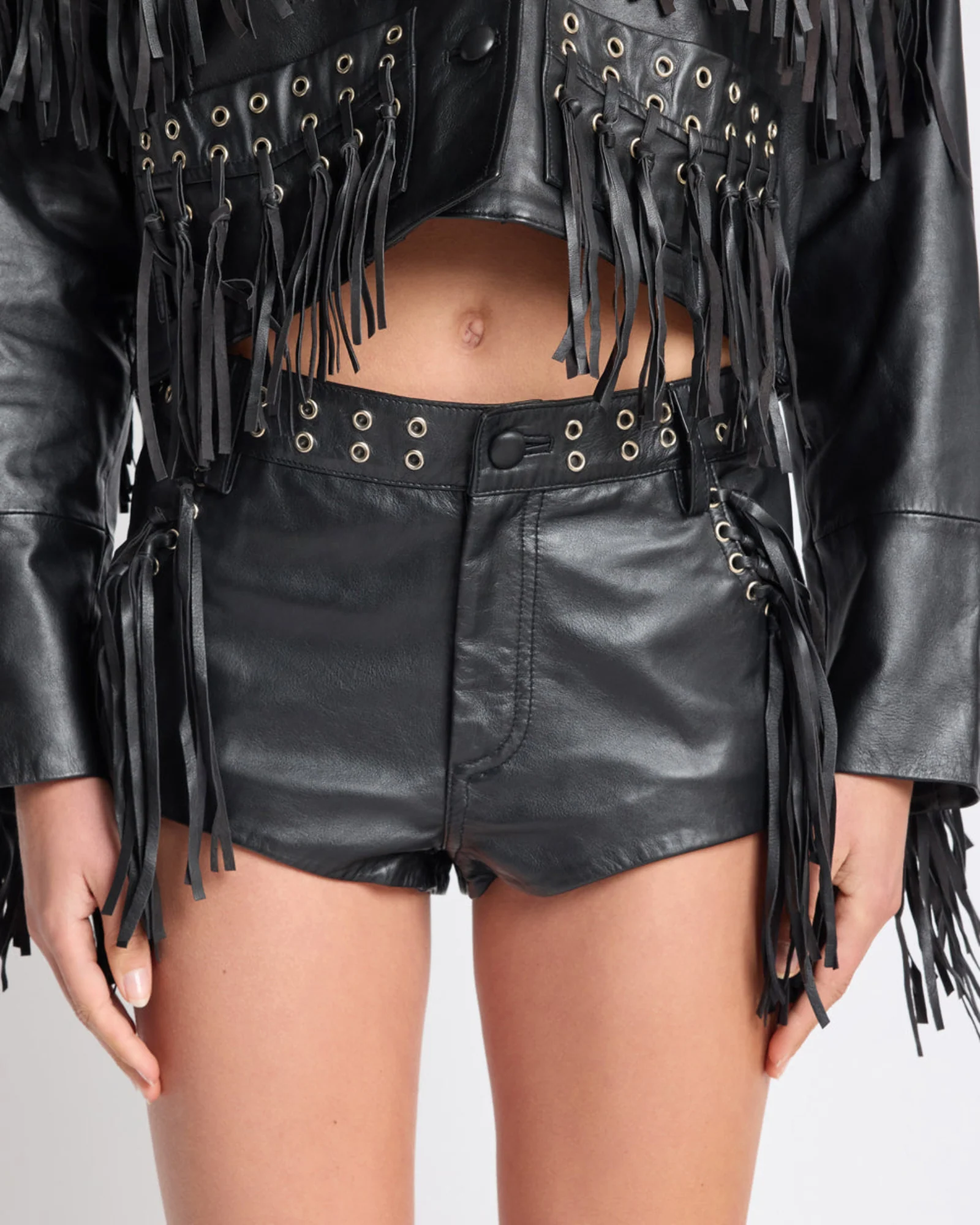 Rogue Rodeo Fringed Micro Leather Shorts - Black - Image 3