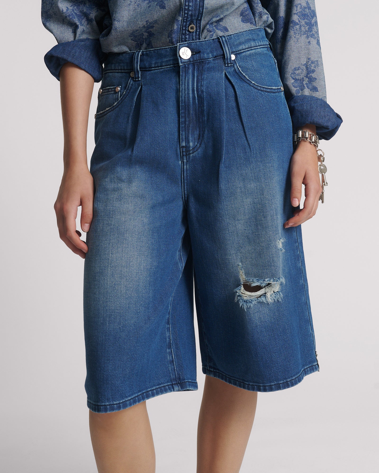 Beastie Low Waist Wide Leg Super Long Length Denim Jorts - Rosewood - Image 2