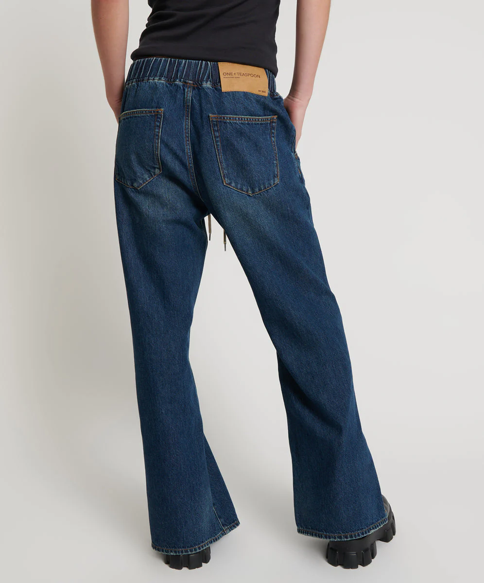 Roadhouse Wide Leg Drawstring Denim Jeans - Royal Blue - Image 4