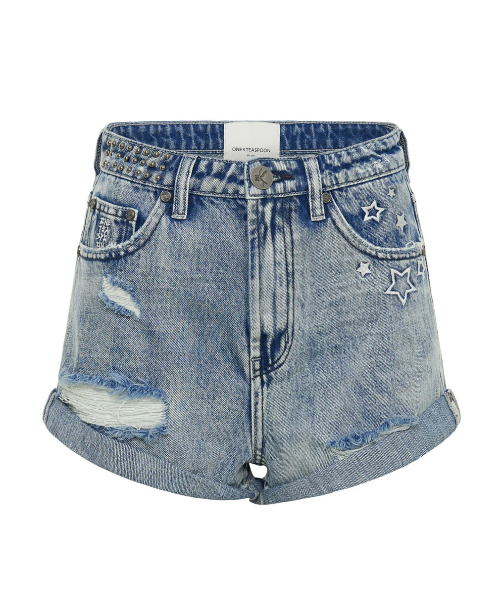 Bandits High Waist Studded Denim Shorts - Salty Dog Blue - Image 9