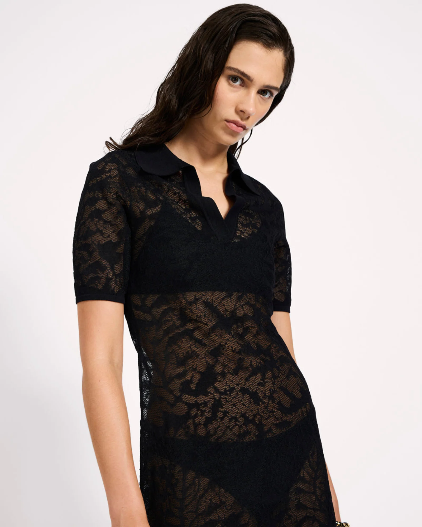 Sheer Lace-Look Knitted Mesh Mini Dress - Black - Image 10