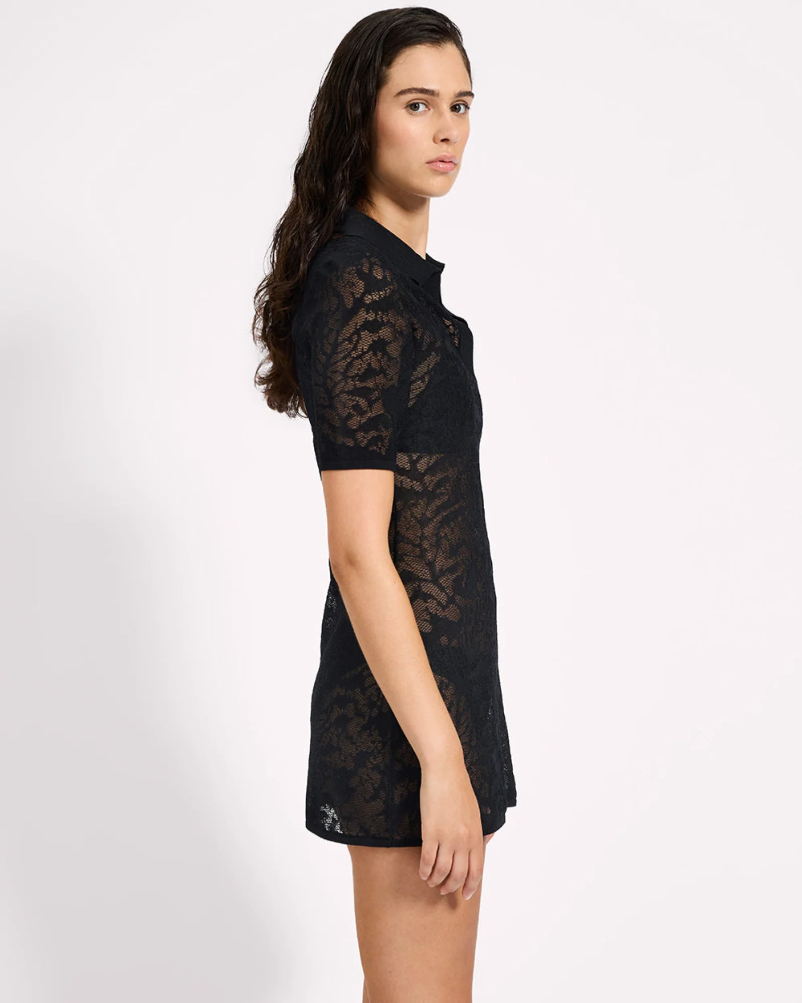 Sheer Lace-Look Knitted Mesh Mini Dress - Black - Image 6