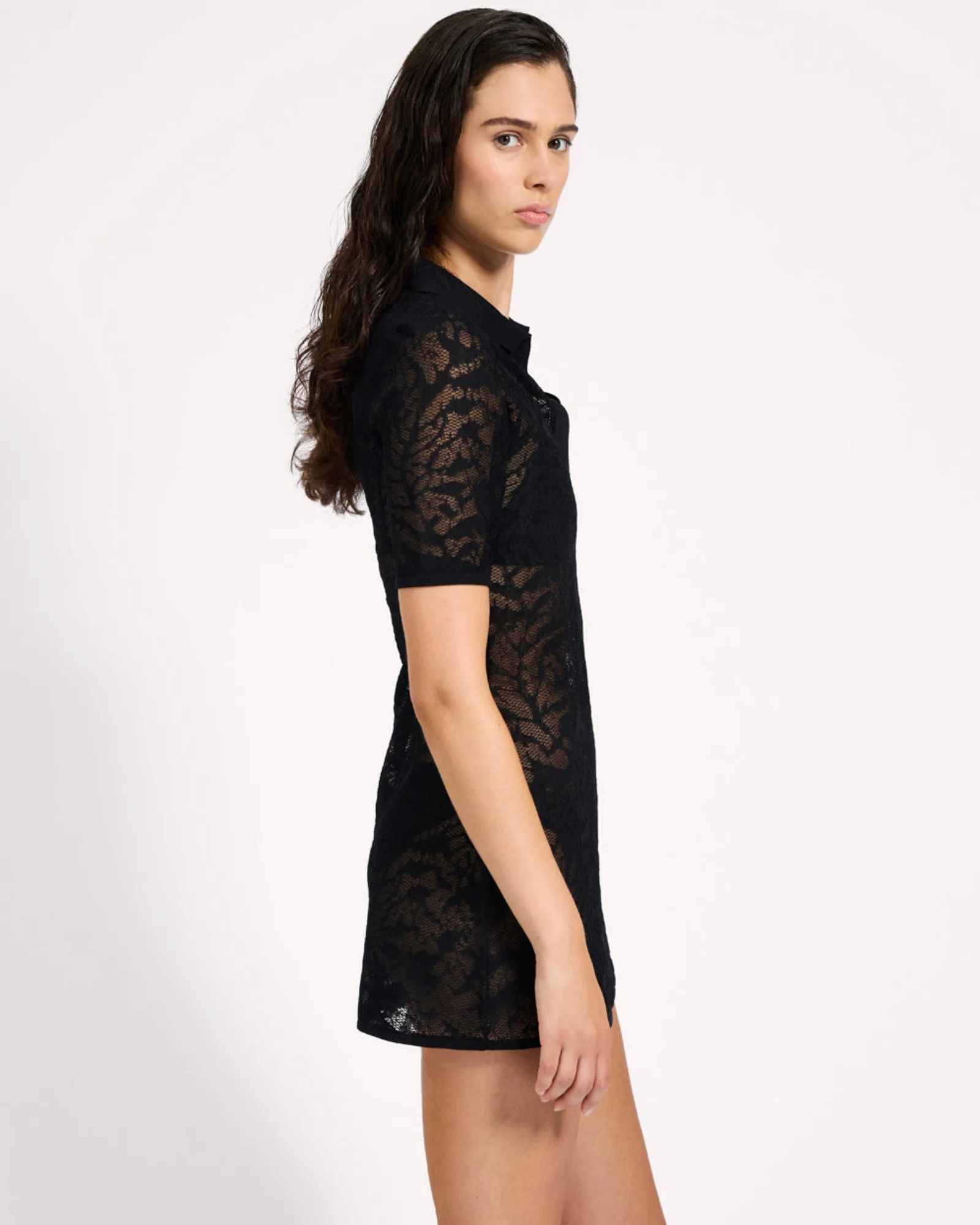 Sheer Lace-Look Knitted Mesh Mini Dress - Black - Image 7