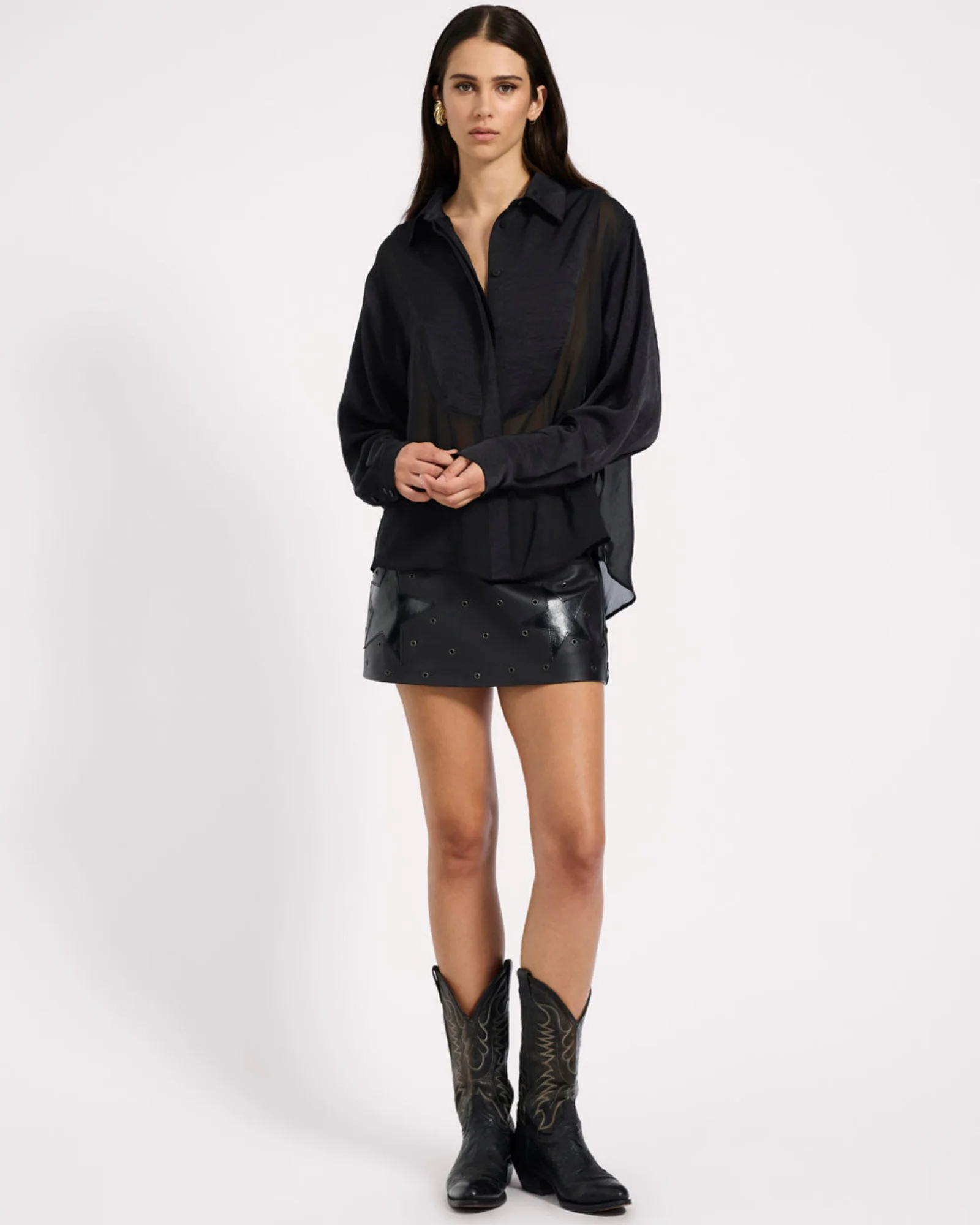Sheer Panel Tuxedo Shirt - Black - Image 2