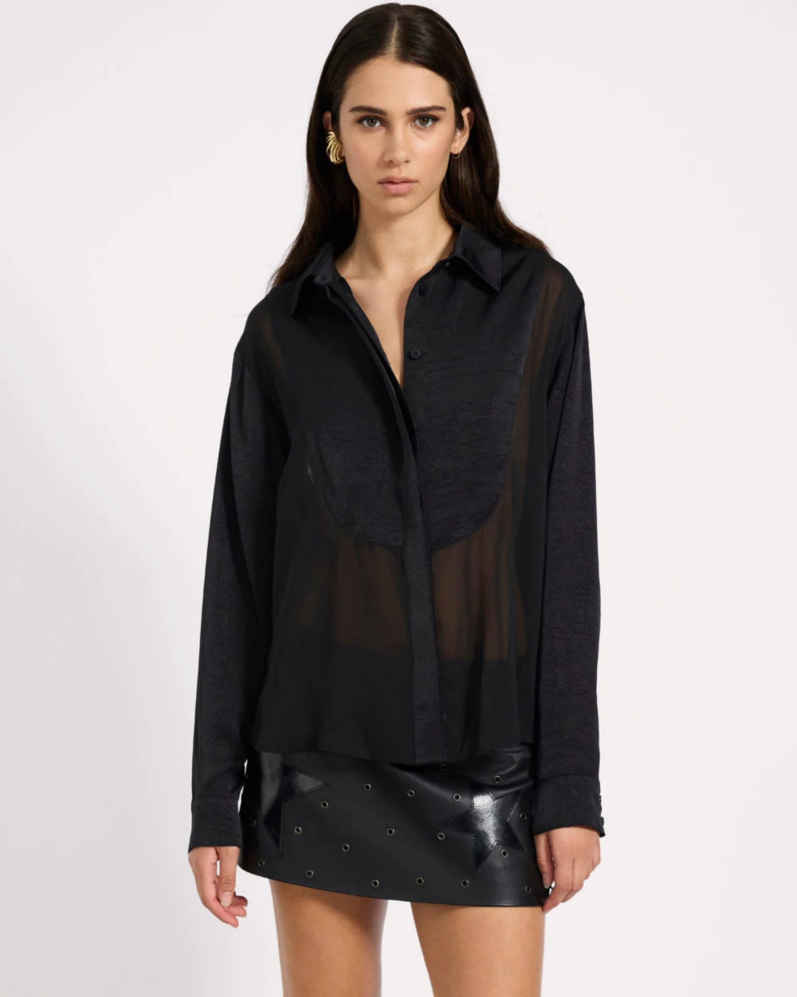 Sheer Panel Tuxedo Shirt - Black - Image 4