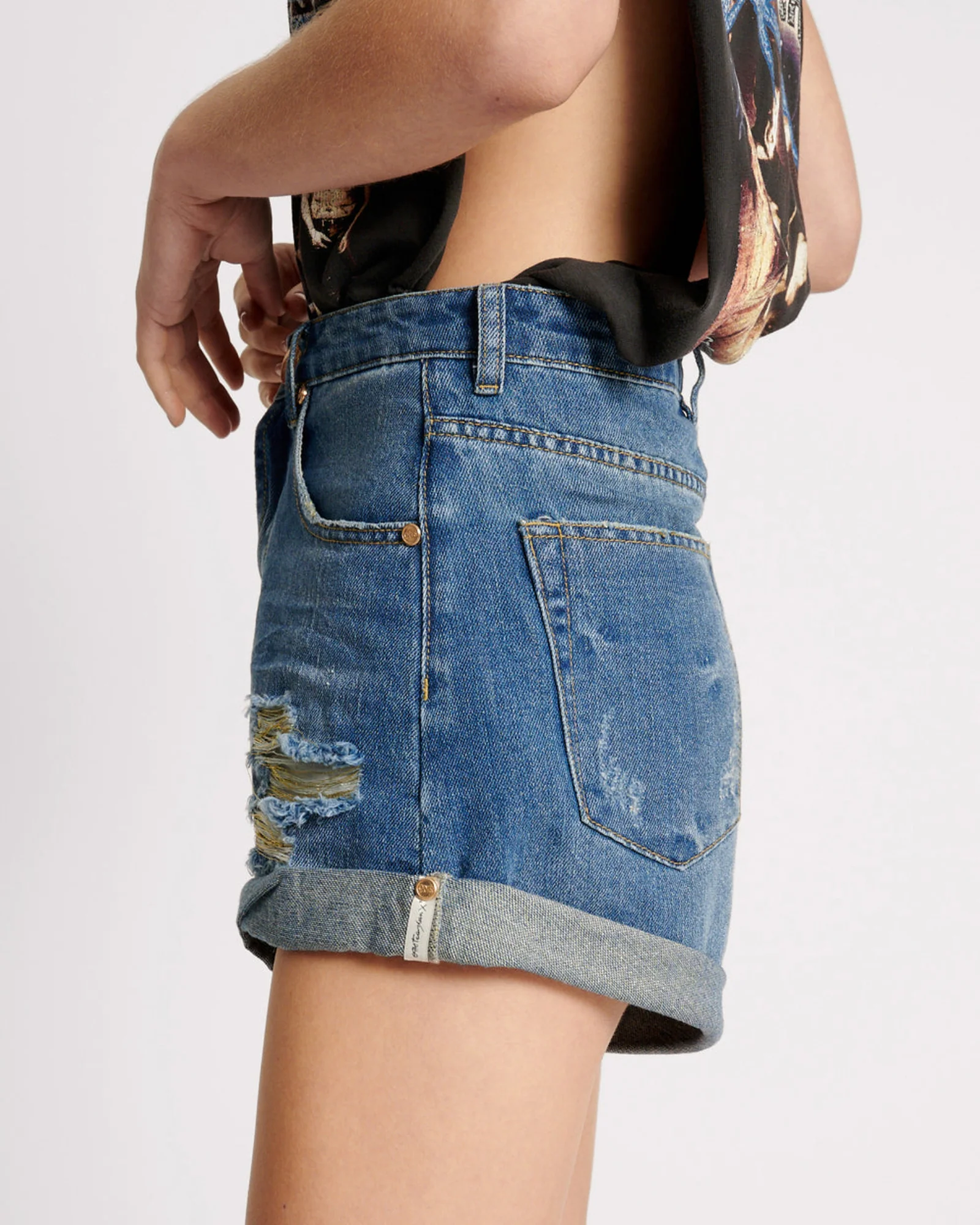 Bandits High Waist Foil Denim Shorts - Blue Shredded Gold - Image 3