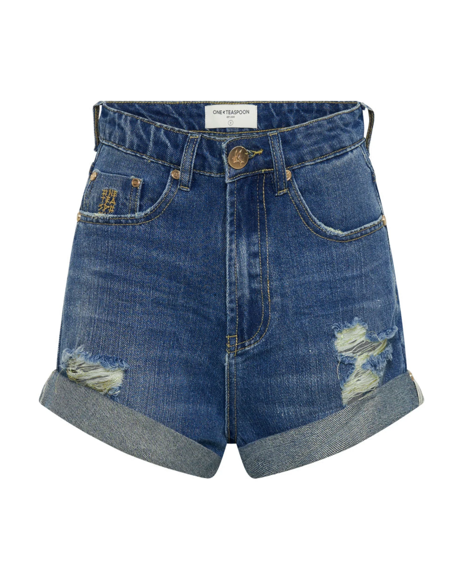 Bandits High Waist Foil Denim Shorts - Blue Shredded Gold - Image 6