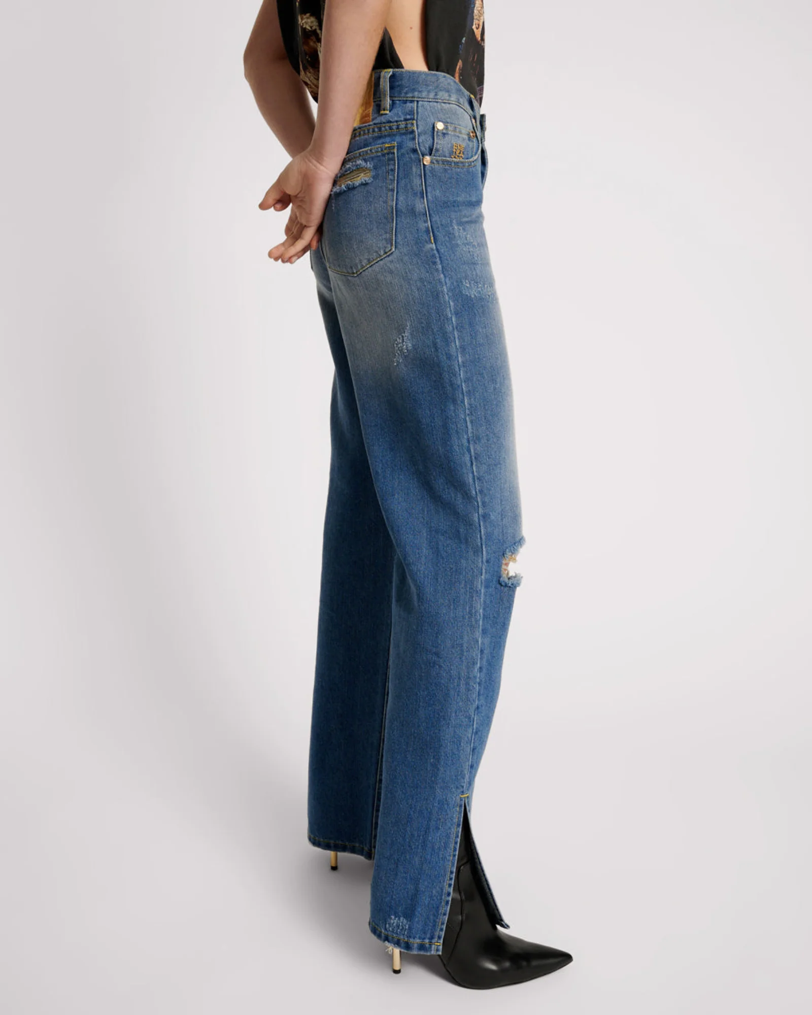 Billie Low Slung Straight Leg Mid Waist Denim Jeans - Shredded Gold - Image 5