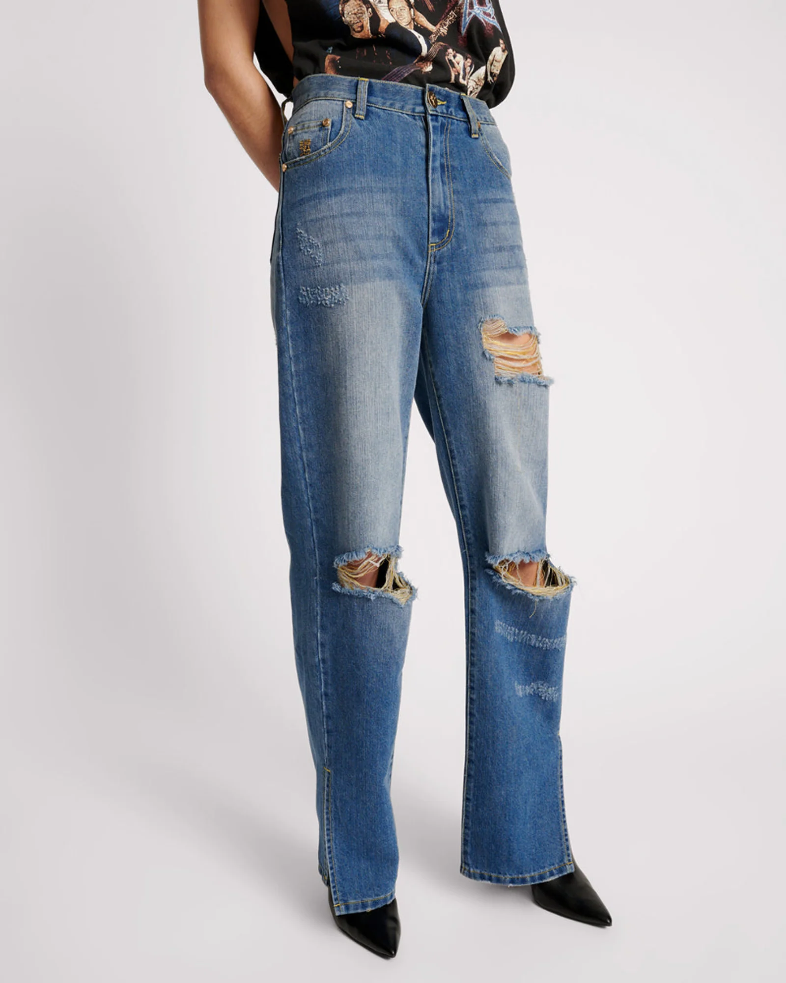 Billie Low Slung Straight Leg Mid Waist Denim Jeans - Shredded Gold - Image 6