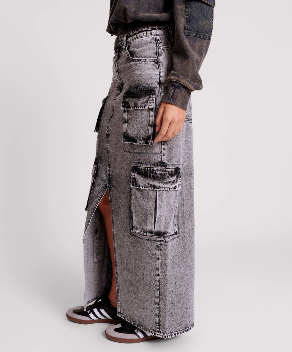 90S Cargo Pocket Column Denim Skirt - Slate Acid - Image 3