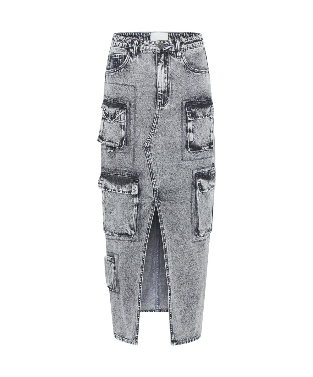 90S Cargo Pocket Column Denim Skirt - Slate Acid - Image 6
