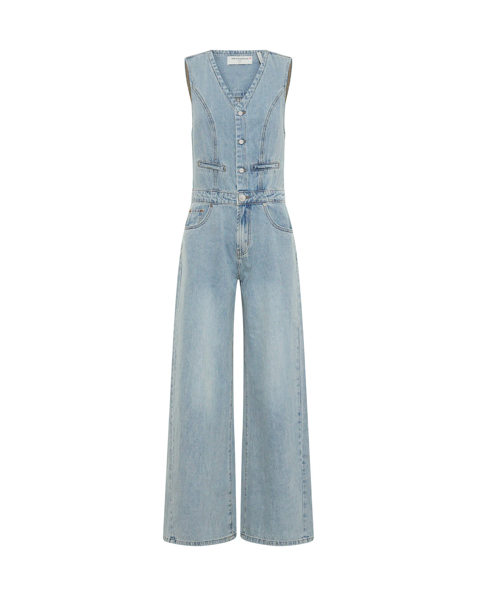 Love Machines Sleeveless Wide Leg Fitted Denim Jumpsuit - Soft Blue - Image 6