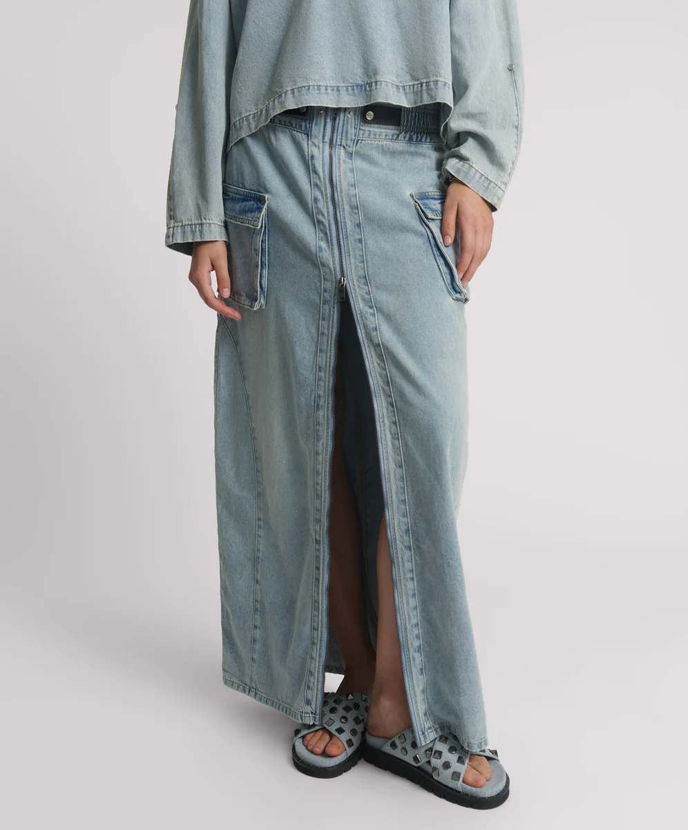 Parachute Low Waist Split Front Maxi Denim Skirt - Soft Blue - Image 2