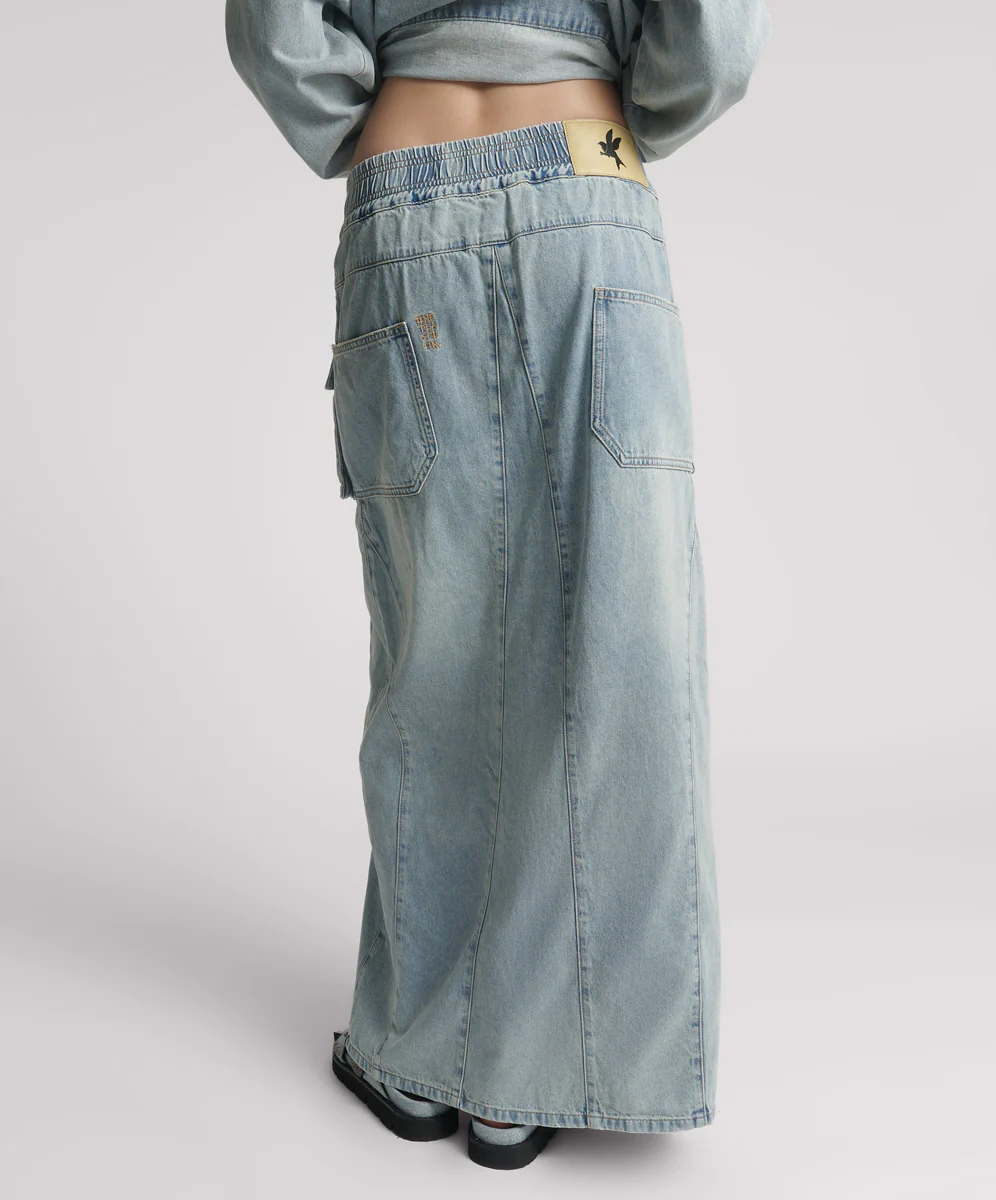 Parachute Low Waist Split Front Maxi Denim Skirt - Soft Blue - Image 4