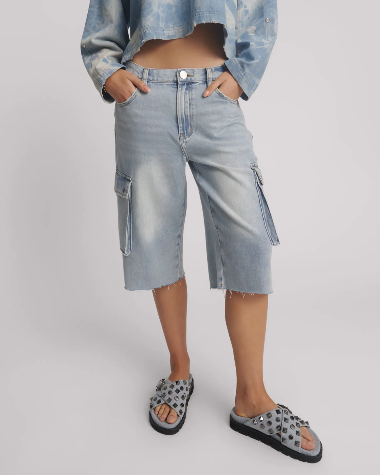 Skater Girl Low Waist Super Long Leg Denim Jorts - Soft Blue - Image 2