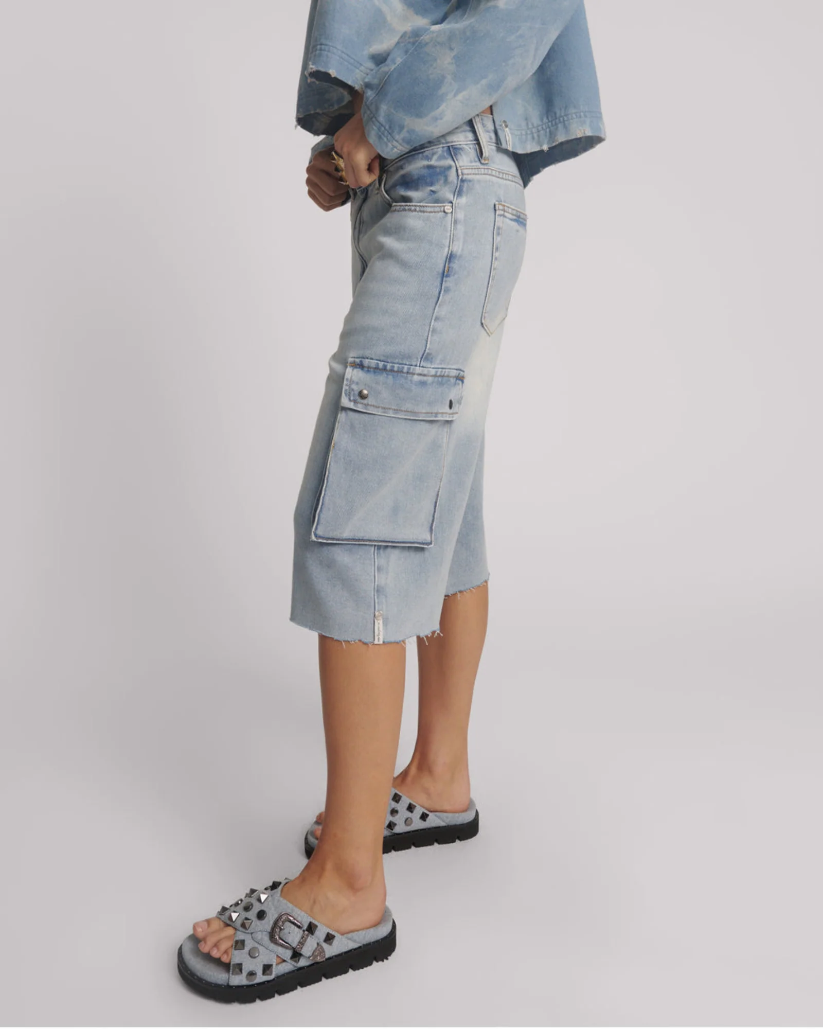 Skater Girl Low Waist Super Long Leg Denim Jorts - Soft Blue - Image 3
