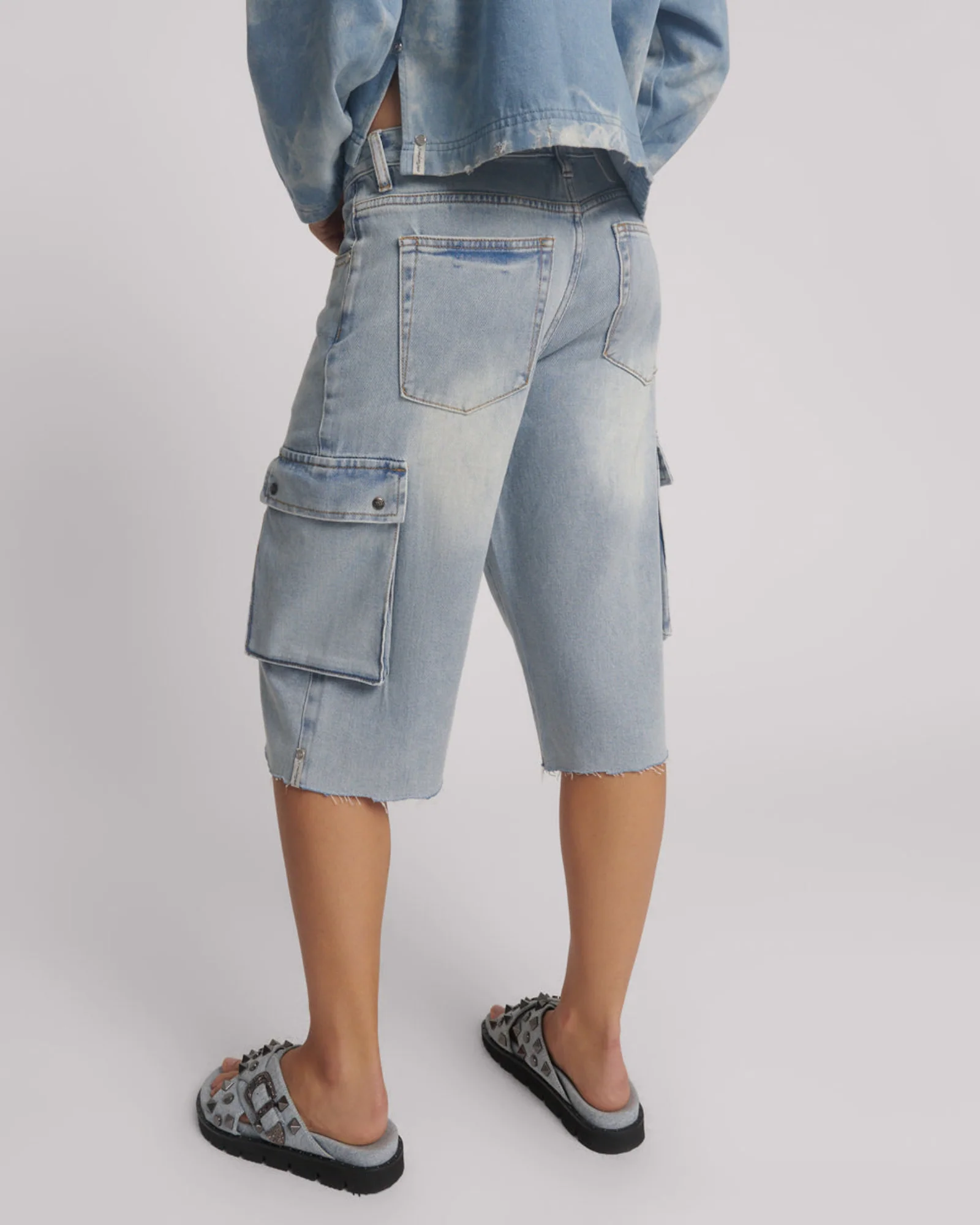 Skater Girl Low Waist Super Long Leg Denim Jorts - Soft Blue - Image 4