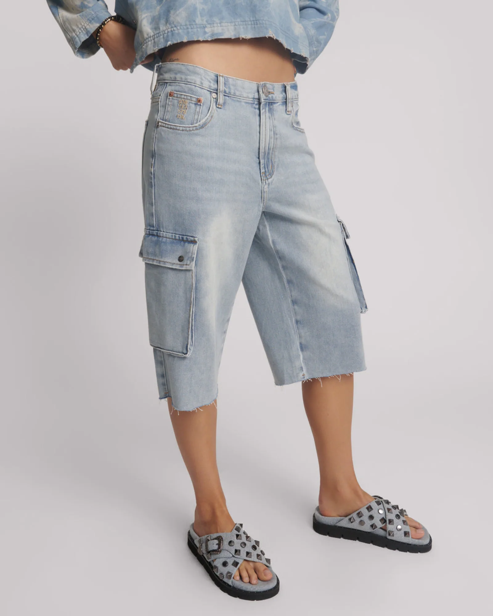 Skater Girl Low Waist Super Long Leg Denim Jorts - Soft Blue - Image 7