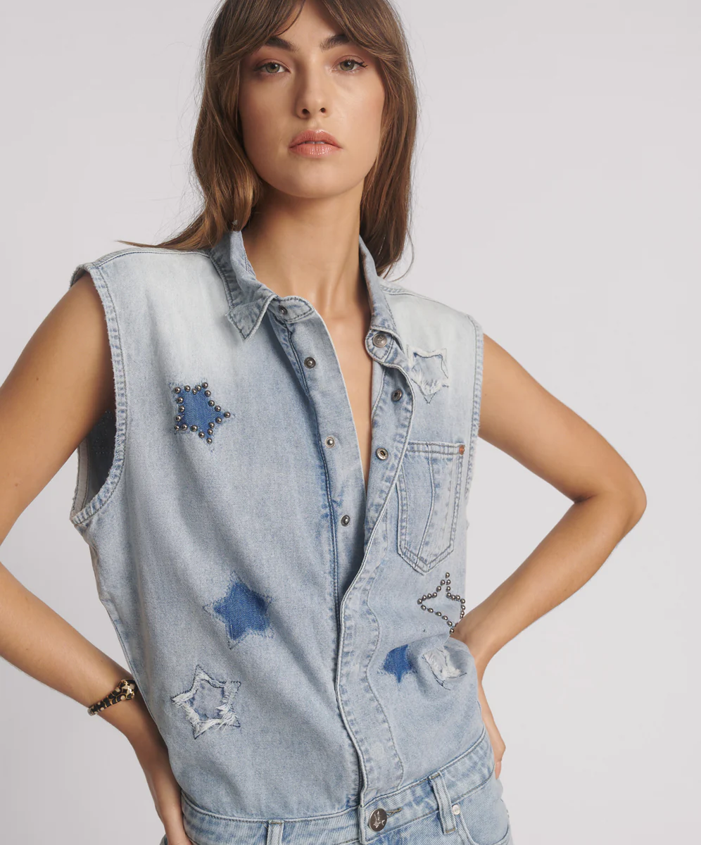Jackson Boyfriend Star Mini Denim Jumpsuit - Soft Blue - Image 5