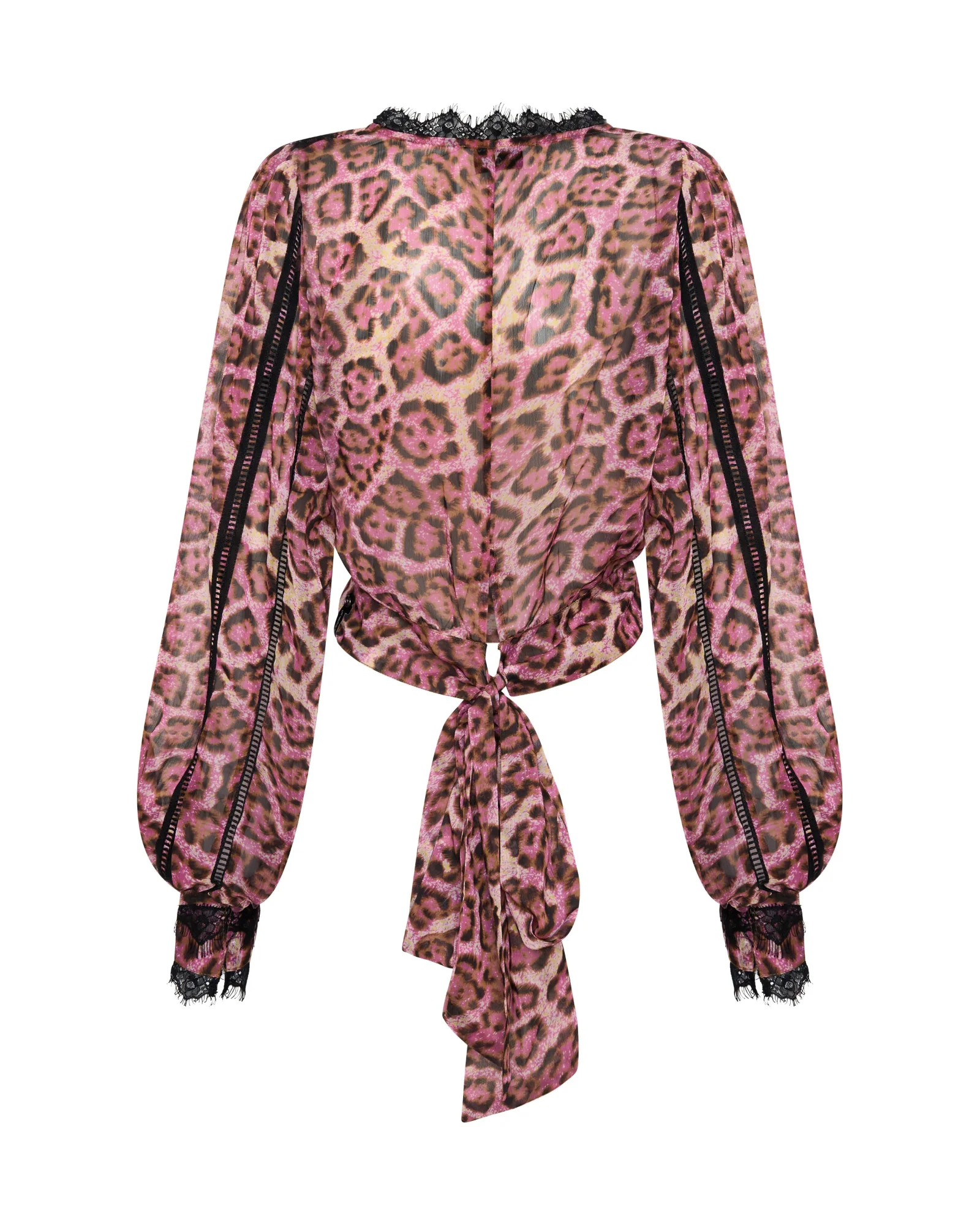 Songbird Sheer Balloon Sleeve Tie-Up Blouse - Pink Leopard - Image 10